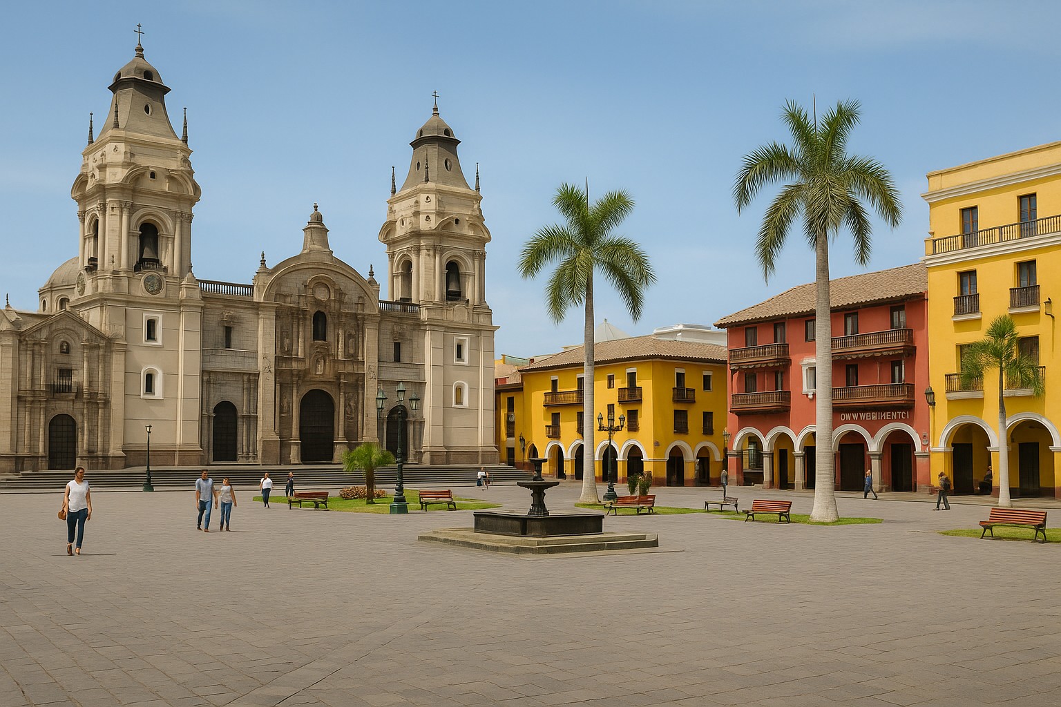 Eine hochauflösende Fotografie zeigt die koloniale Plaza Mayor einer lateinamerikanischen Stadt bei Tageslicht, mit einer barocken Kathedrale, bunten Gebäuden, Palmen und einem zentralen Brunnen. 