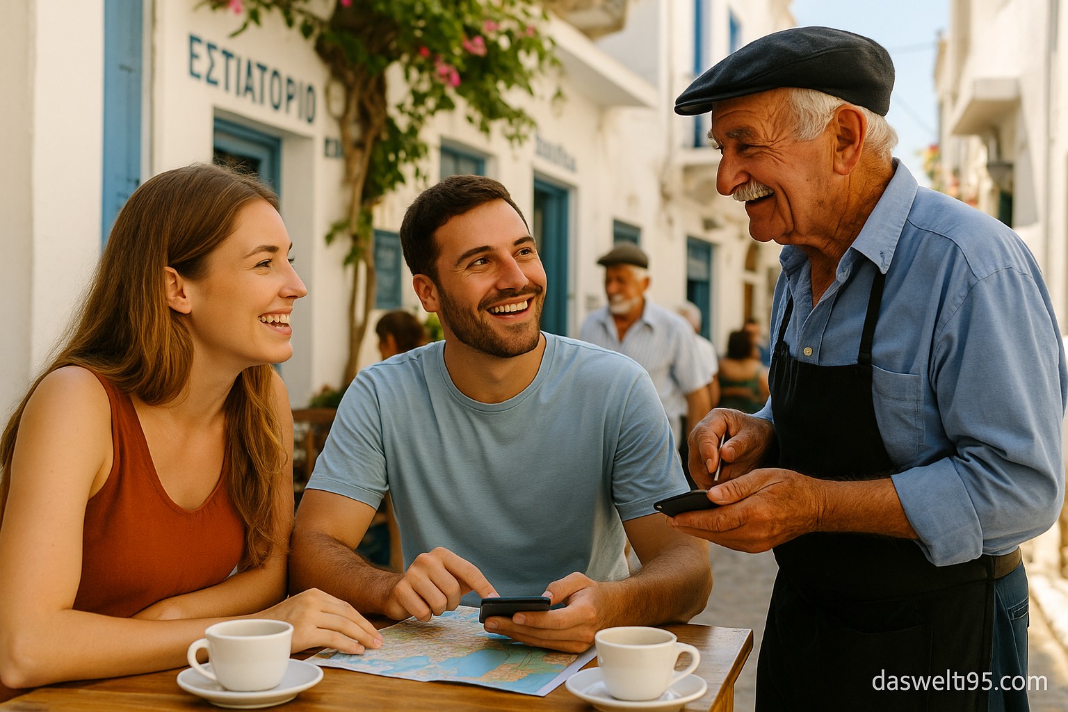 Junges Touristenpaar spricht fröhlich mit einem älteren griechischen Kellner in einem traditionellen Straßencafé.
