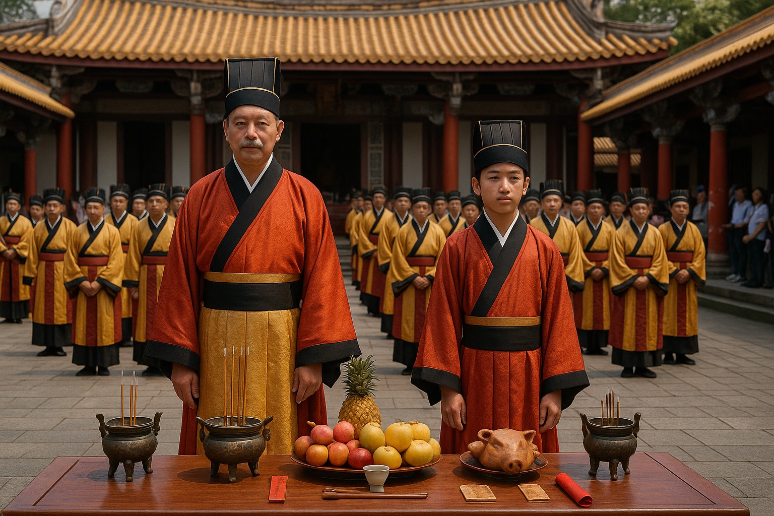 Eine konfuzianische Zeremonie in einem traditionellen Tempelhof in Taipeh, bei der ein älterer Mann und ein Jugendlicher in feierlichen Gewändern vor einem Altar mit Opfergaben stehen, während Reihen weiterer Teilnehmer im Hintergrund in gold-roten Gewändern aufgereiht sind.
