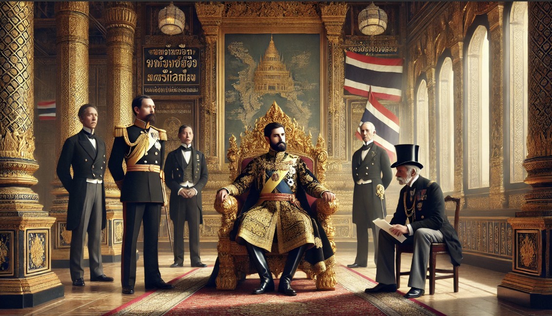 König Rama V. von Siam sitzt in traditioneller königlicher Kleidung auf einem verzierten Thron im Palast von Bangkok, während zwei europäische Diplomaten aus dem 19. Jahrhundert vor ihm stehen. Die Szene symbolisiert Thailands Unabhängigkeit und diplomatische Stärke gegenüber kolonialen Mächten.
