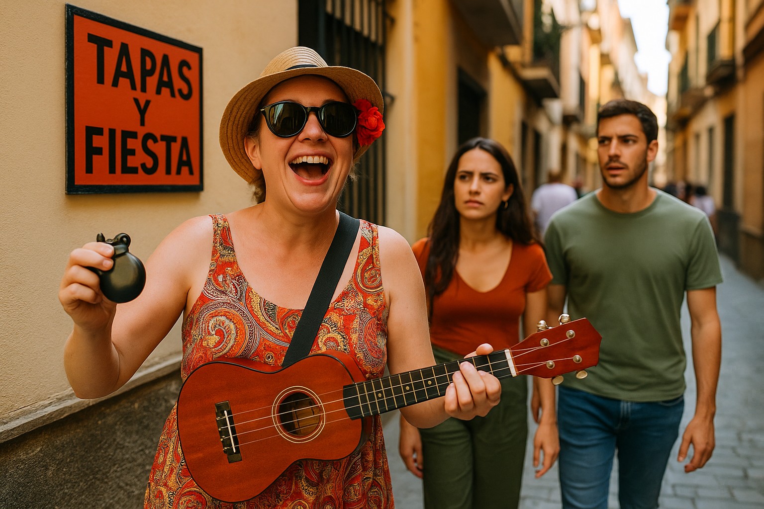 Eine hellhäutige Touristin mit Kamera und Hut steht verwundert vor einem geschlossenen Stierkampfarena in Spanien, während ein Schild „Siesta – geschlossen bis 17 Uhr“ zeigt. 
