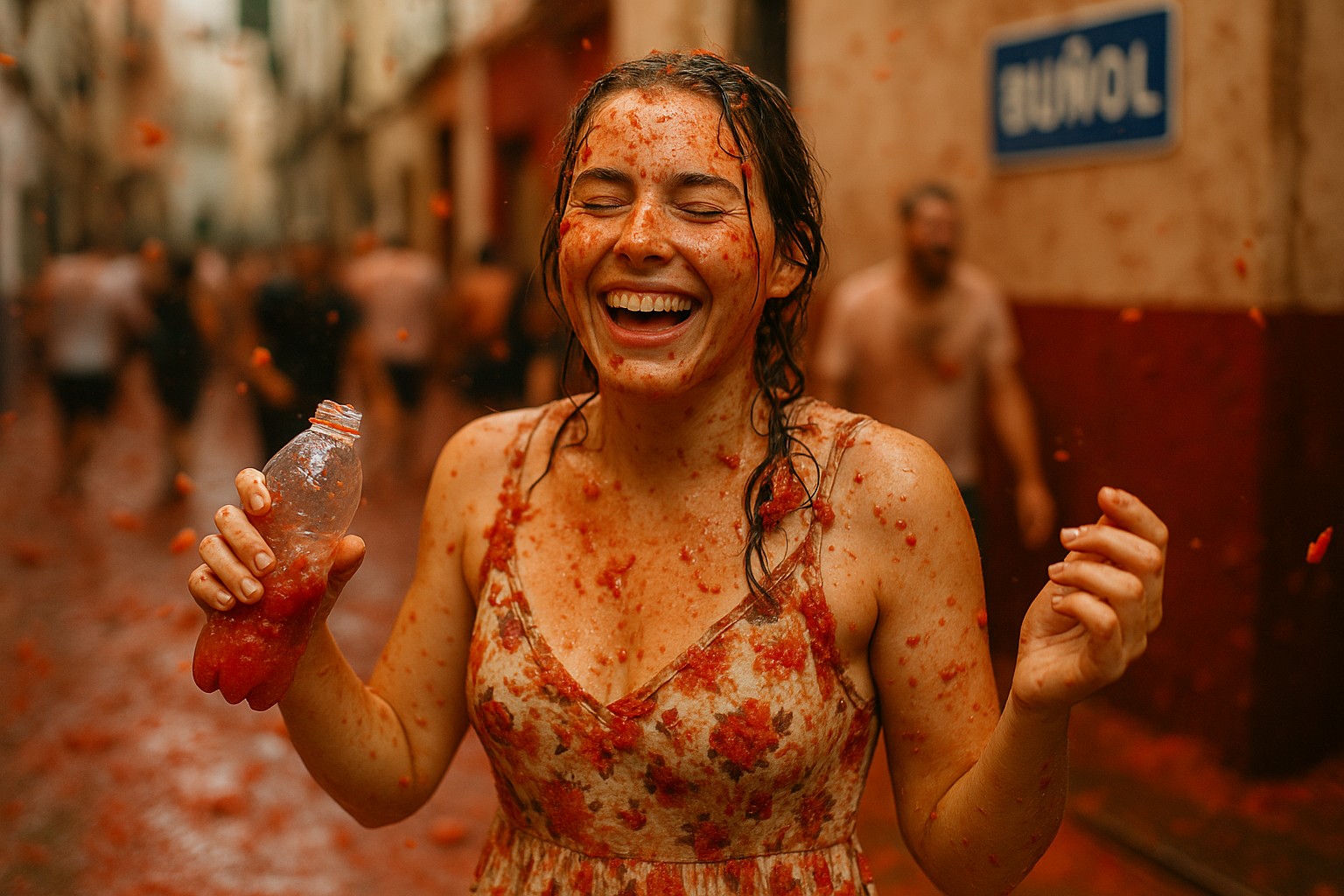 Eine junge spanische Frau in einem geblümten Sommerkleid lacht herzlich beim Tomatina-Festival in Buñol, ihr Gesicht und Körper sind komplett mit zermatschten Tomaten bedeckt. 