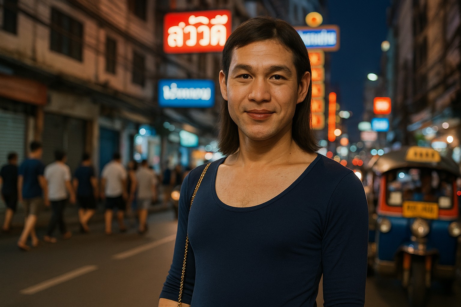 Eine selbstbewusste thailändische Transfrau steht nachts in einer belebten Straße Bangkoks mit bunten Leuchtreklamen im Hintergrund und lächelt sanft in die Kamera.
