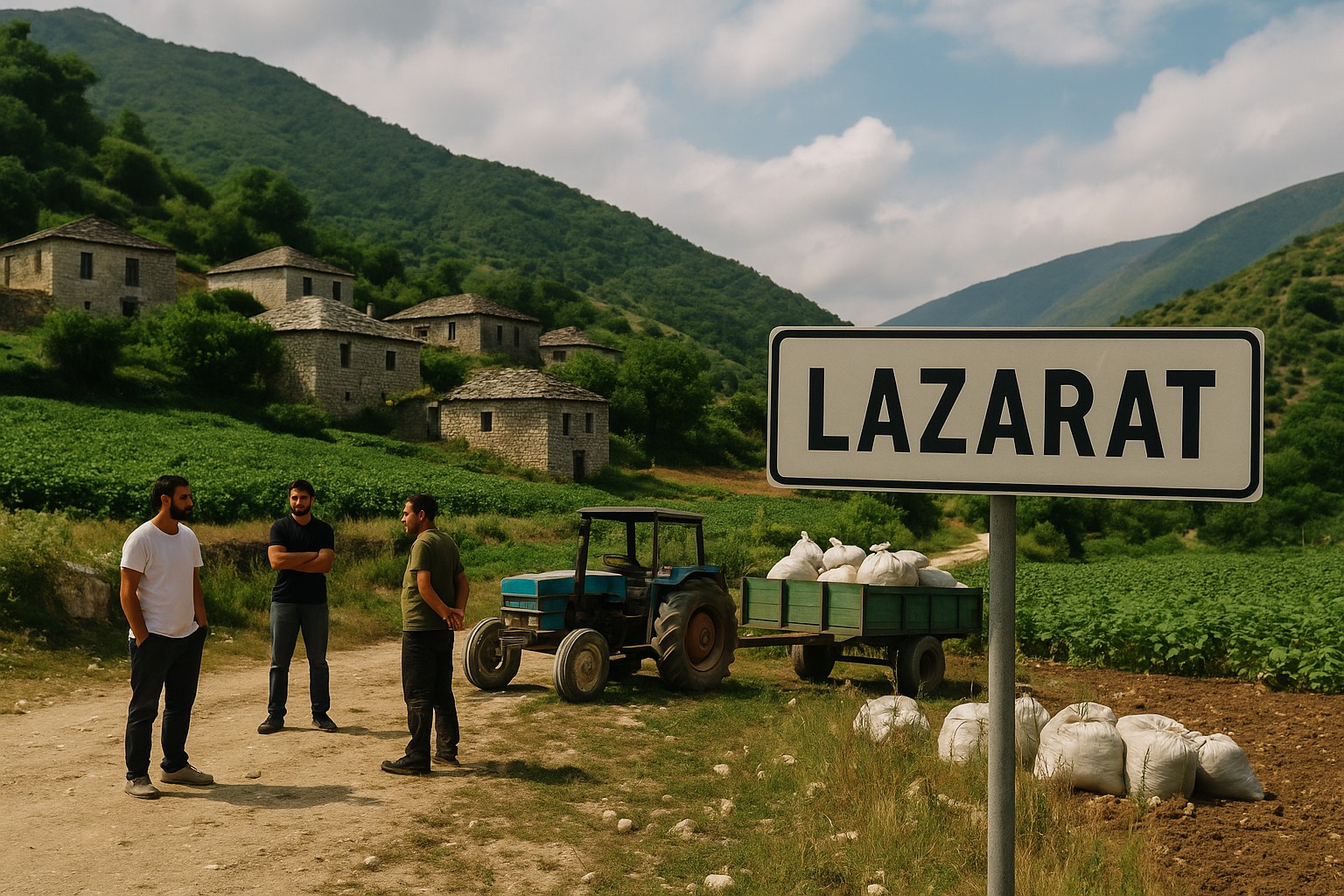 Drei Männer stehen bei einem Traktor mit Anhänger auf einem Feldweg in einem albanischen Bergdorf namens Lazarat. Im Hintergrund: alte Stein­häuser, grüne Hügel und ein deutlich sichtbares Ortsschild „Lazarat“.
