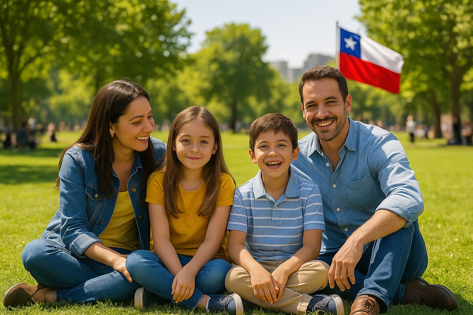 Eine chilenische Familie mit zwei Kindern sitzt lachend auf einer grünen Wiese in einem Stadtpark von Santiago; im Hintergrund weht eine chilenische Flagge vor modernen Gebäuden.
