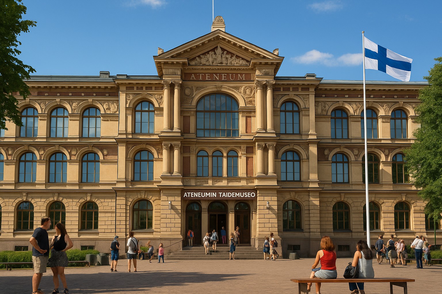 Das Ateneum Kunstmuseum in Helsinki mit finnischer Flagge und Besuchern vor dem Gebäude unter blauem Himmel.
