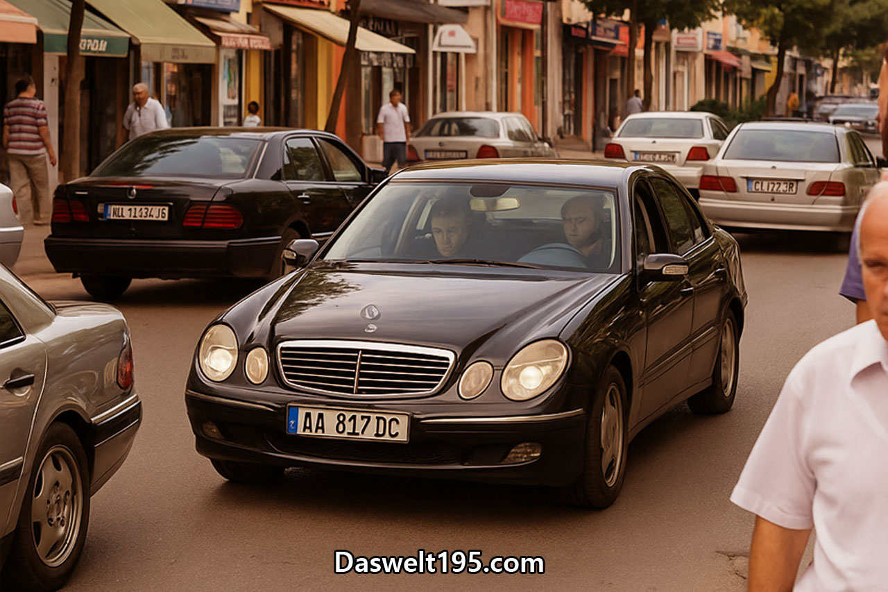 Albanische Innenstadt mit vielen Mercedes-Fahrzeugen: ältere und neuere Modelle parken und fahren entlang belebter Einkaufsstraßen; Passanten und Geschäfte im Hintergrund, darunter typische Namen wie „Studio Aureta“ oder „UNIQUE“.
