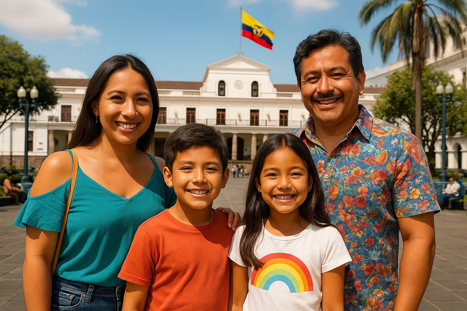 Eine ecuadorianische Mestizo-Familie aus vier Personen steht lächelnd auf einem sonnigen Platz vor einem historischen Kolonialgebäude mit wehender ecuadorianischer Flagge. Im Hintergrund Palmen und ein klarer Himmel.
