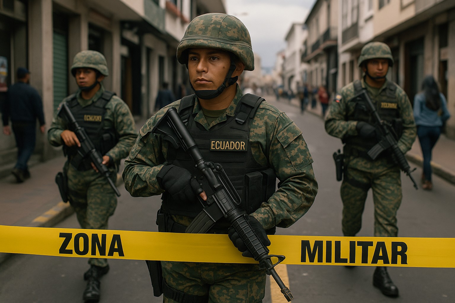 Drei ecuadorianische Soldaten mit Tarnuniformen und Gewehren patrouillieren in einer städtischen Straße in Quito, abgesperrt mit einem gelben „Zona Militar“-Band.
