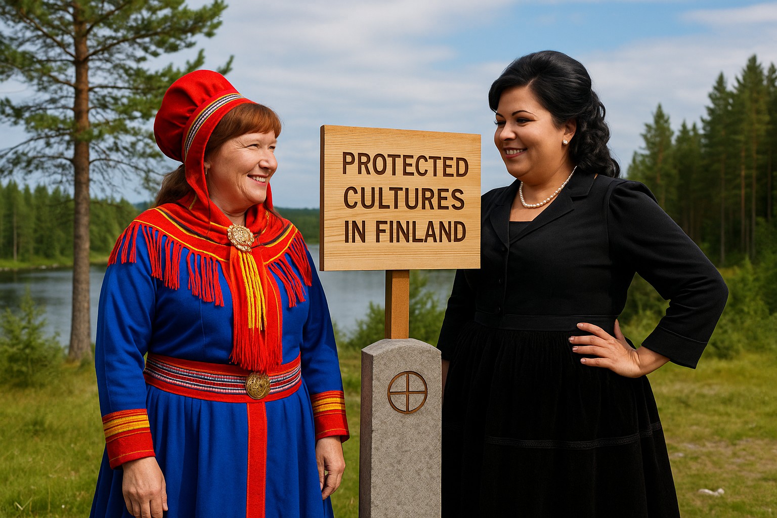 Sami-Frau in traditioneller Kleidung und Roma-Frau (Kaale) in schwarzem Kleid vor einem Schild „Protected Cultures in Finland“ in finnischer Natur mit Wald und See.
