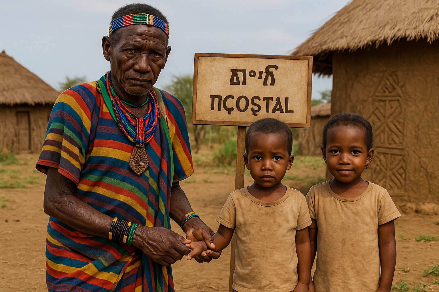 Äthiopischer Stammesältester in Kara-Gewand steht mit Zwillingskindern vor Lehmhütten; Schild auf Amharisch „ሚንጊ ተቆርጟል“ (Mingi abgeschafft) erinnert an das Ende des Rituals.
