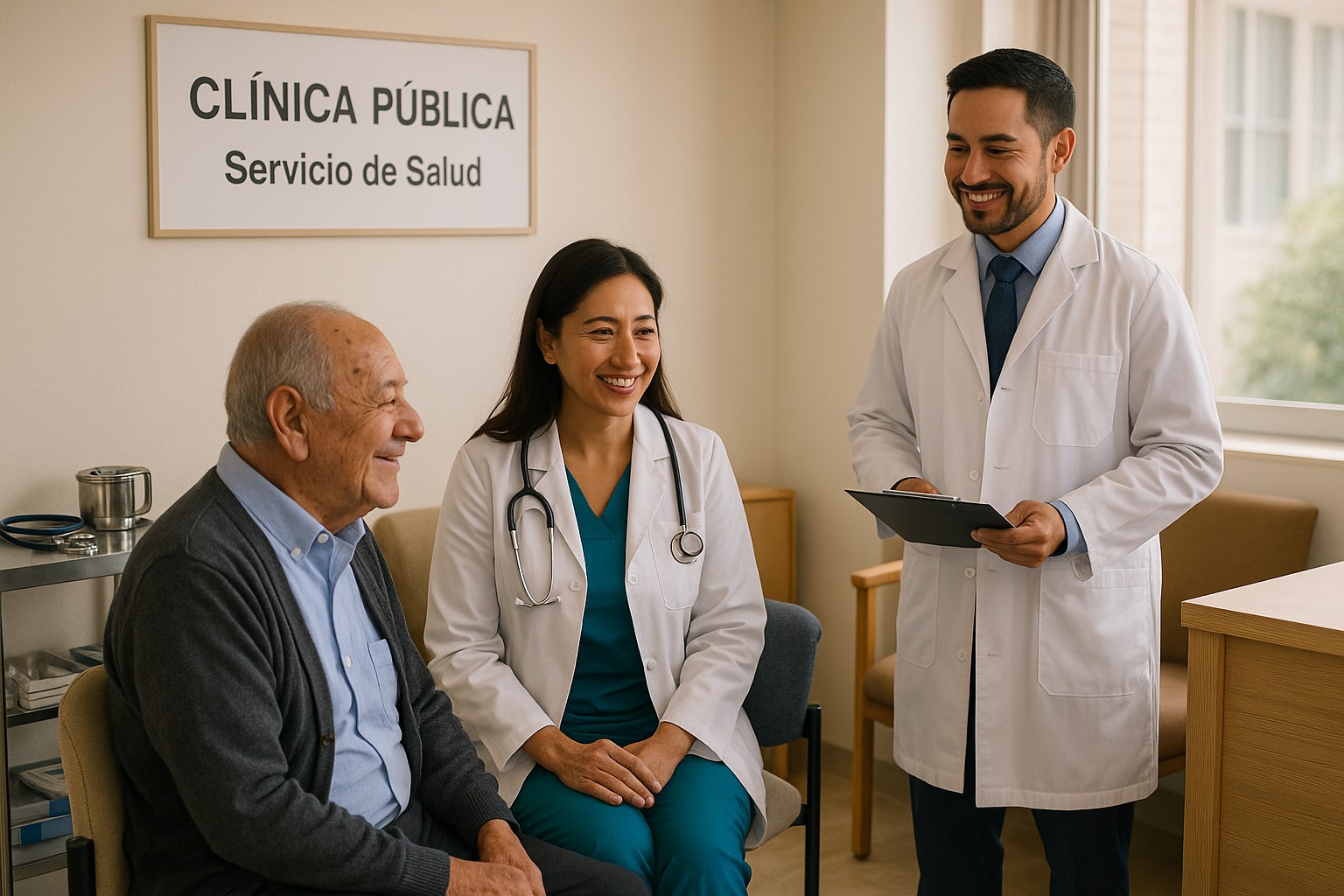 Ein freundliches Gespräch zwischen einem älteren ecuadorianischen Patienten und zwei Ärzten in einer öffentlichen Gesundheitsklinik in Ecuador.
