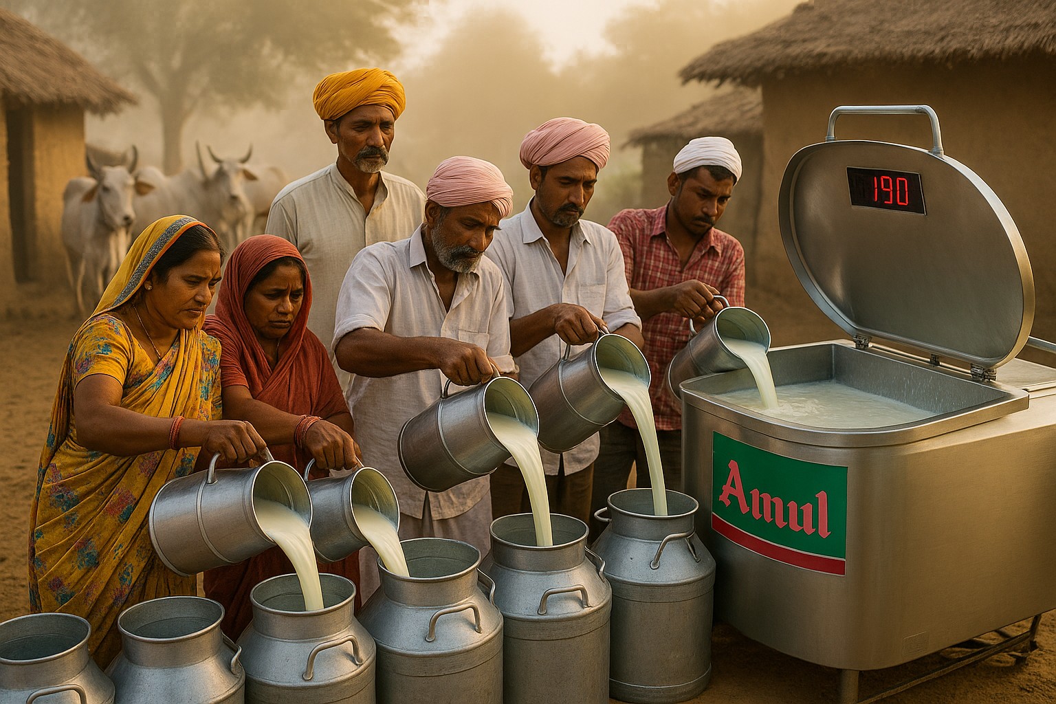 Frühmorgendliche Szene in einem Dorf von Gujarat: Fünf Milchbauern gießen aus metallenen Kannen frische Milch in einen Edelstahl-Sammeltank mit grün-rotem Amul‑Logo; eine digitale Anzeige zeigt das Gewicht, während im Hintergrund Zebu-Kühe zwischen Lehmhütten im Nebel stehen.
