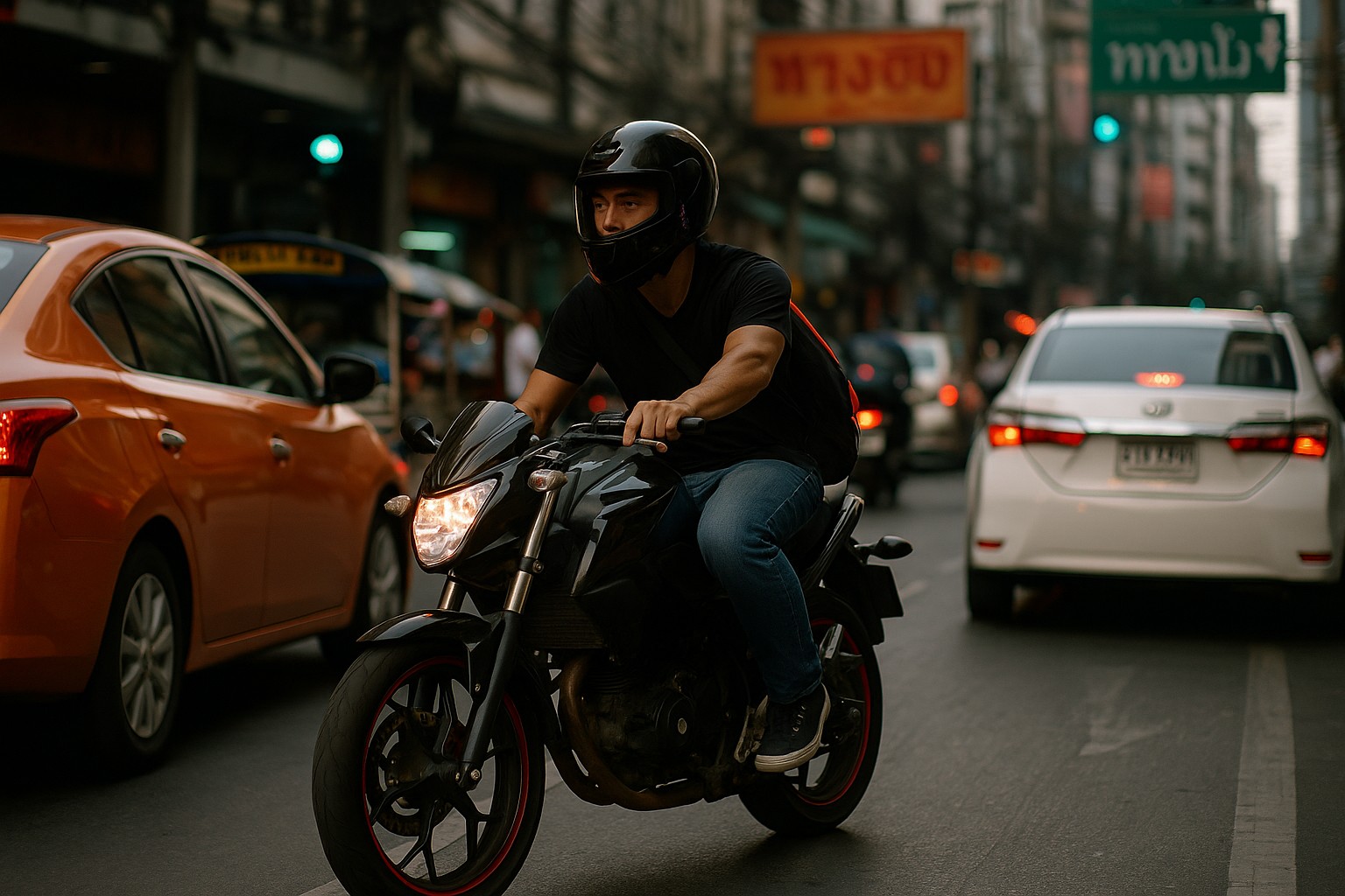 Ein Motorradfahrer fährt mit hoher Konzentration zwischen zwei Autos durch den dichten Straßenverkehr Bangkoks, mit thailändischen Schildern und einem Tuk-Tuk im Hintergrund.
