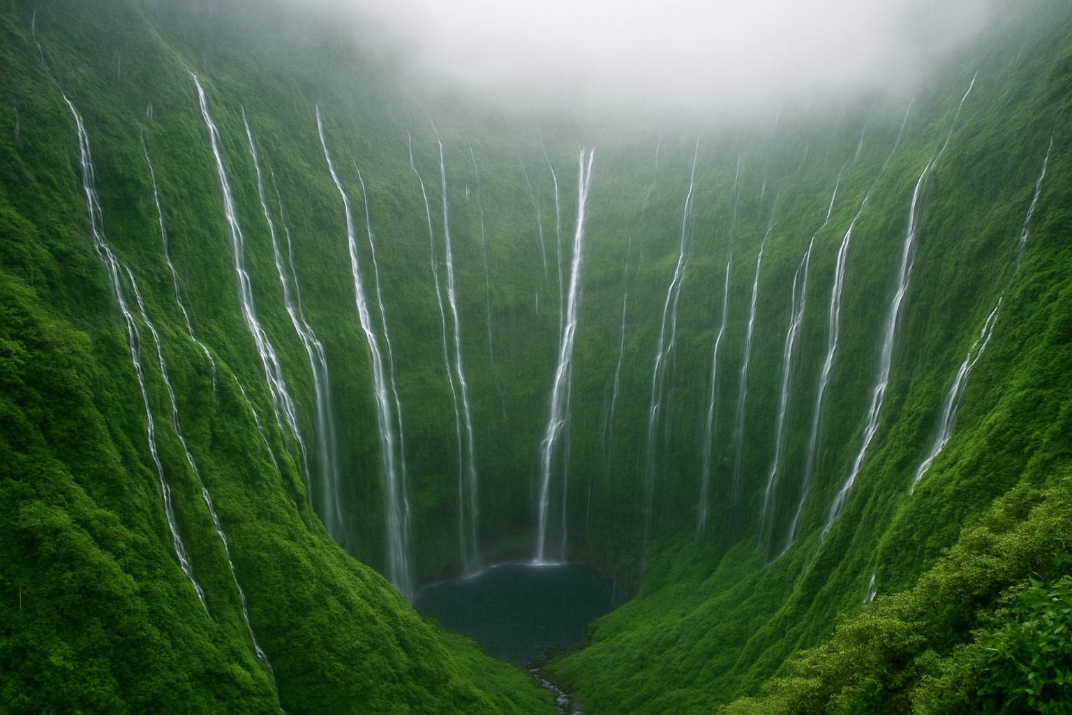 Eine Luftaufnahme zeigt die steilgrünen Wände des Mount Waialeale auf Kauaʻi, über die Dutzende filigrane Wasserfälle in einen dunkelblauen Kratersee stürzen, während leichter Regen und Nebel die Landschaft verschleiern.
