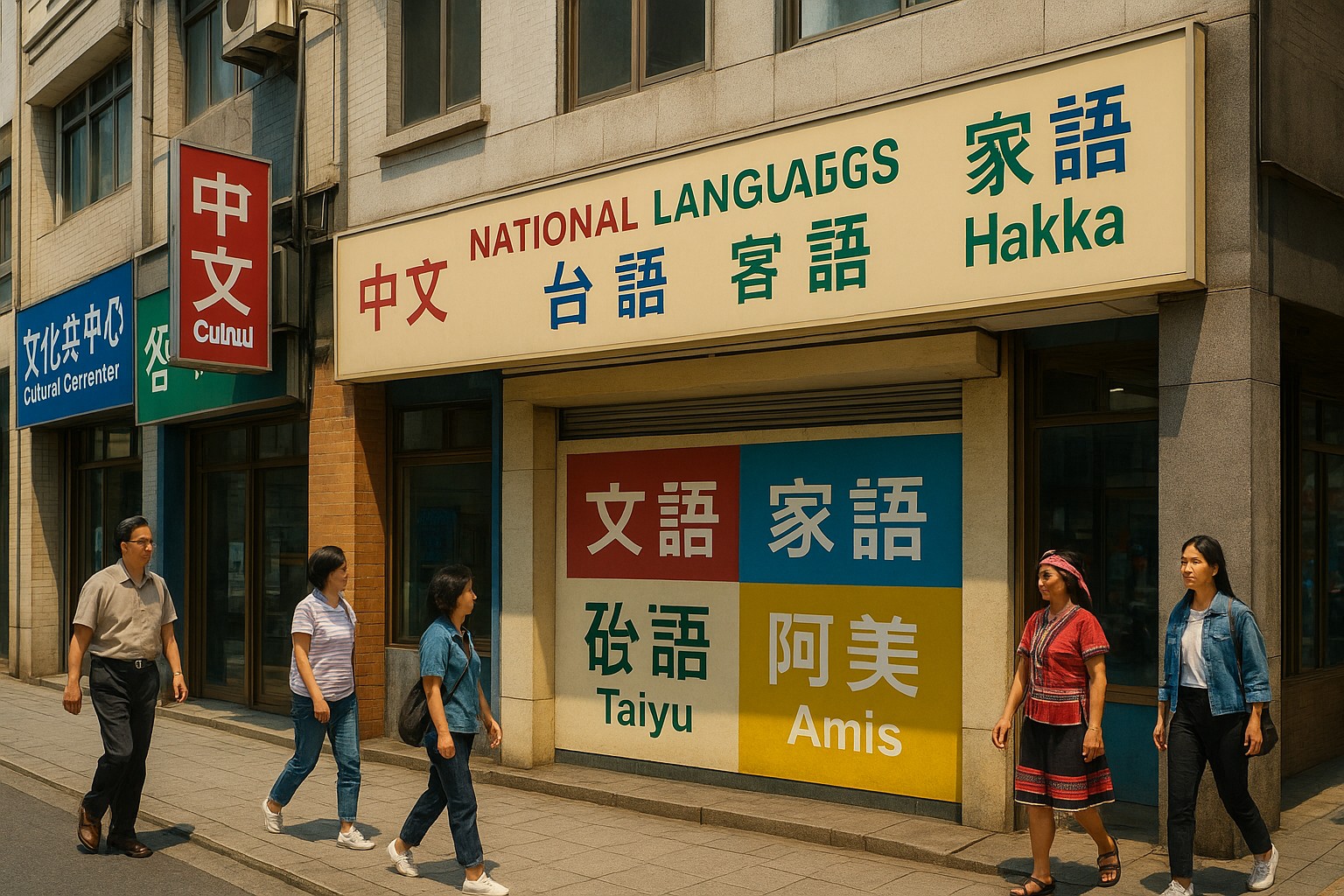 Straßenszene in Taiwan mit Schildern auf Chinesisch, Hokkien, Hakka und Amis, die das sprachliche Erbe des Landes zeigen, während Menschen vorbeigehen.
