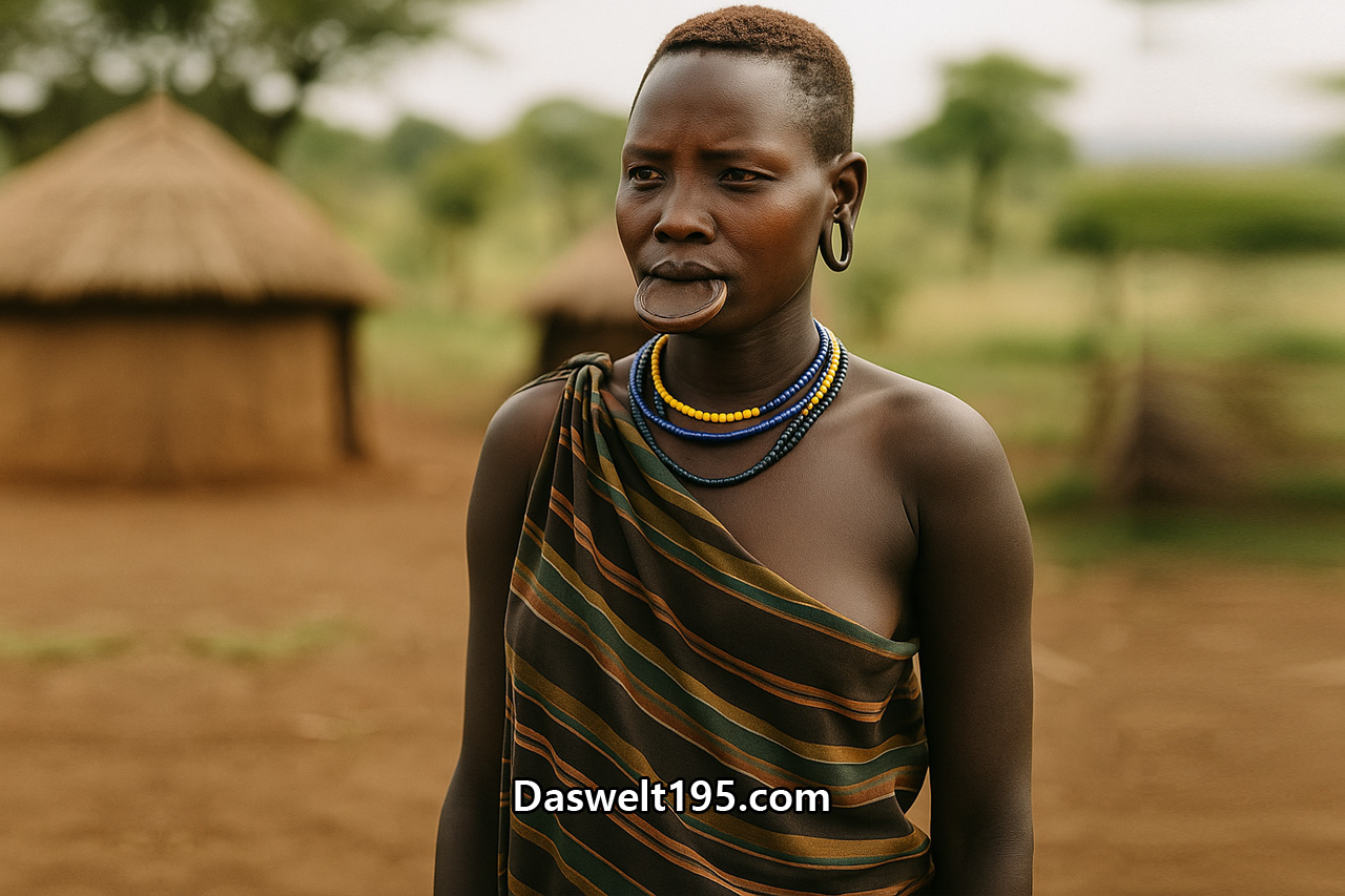 Mursi-Frau im Omo-Tal, Äthiopien, mit traditionellem Lippenteller und bunten Perlenketten vor strohgedeckten Hütten.
