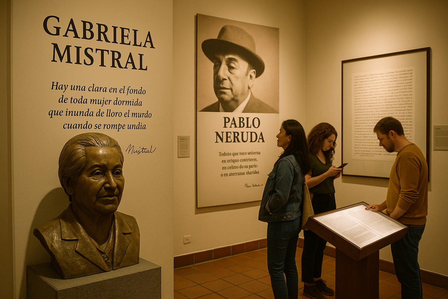 Eine Innenaufnahme eines Museums in Chile zeigt eine Bronzebüste der Dichterin Gabriela Mistral neben einem Wandzitat, während Besucher einen Ausstellungsbereich mit einem großen Porträt von Pablo Neruda und erklärenden Tafeln betrachten.
