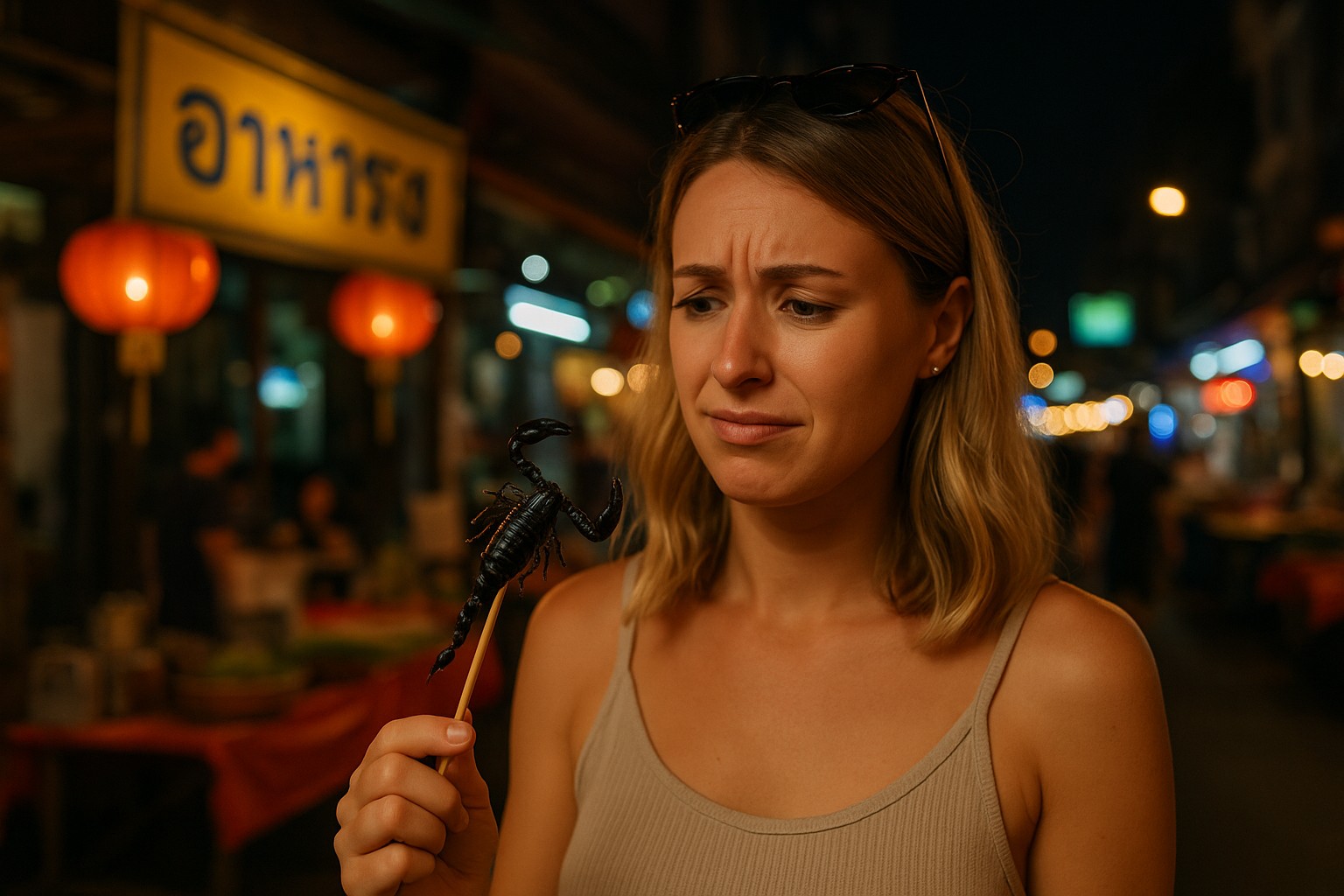 Eine junge westliche Touristin betrachtet skeptisch einen gegrillten Skorpion am Spieß auf einem Nachtmarkt in Thailand, umgeben von bunten Lichtern und thailändischen Schriftzügen.

