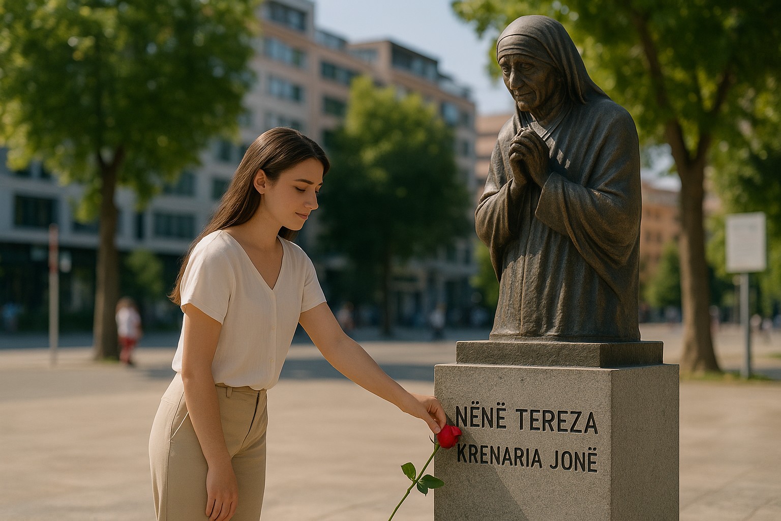 Junge Frau legt eine rote Rose am Denkmal von Mutter Teresa nieder, mit der Inschrift „Nënë Tereza – Krenaria jonë“ in albanischer Sprache.
