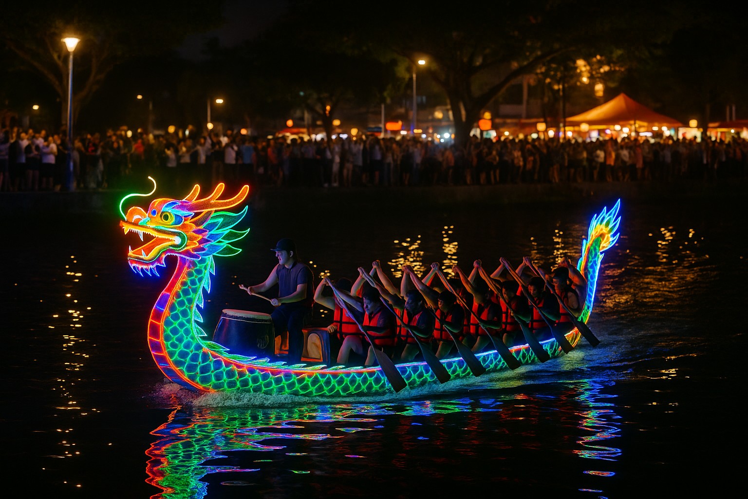 Ein nächtliches Drachenbootrennen in Taiwan mit einem farbenfroh beleuchteten Boot, das über das Wasser gleitet. Zuschauer stehen dicht gedrängt am Ufer, während das Boot in synchronisierter Bewegung durch den Fluss fährt.
