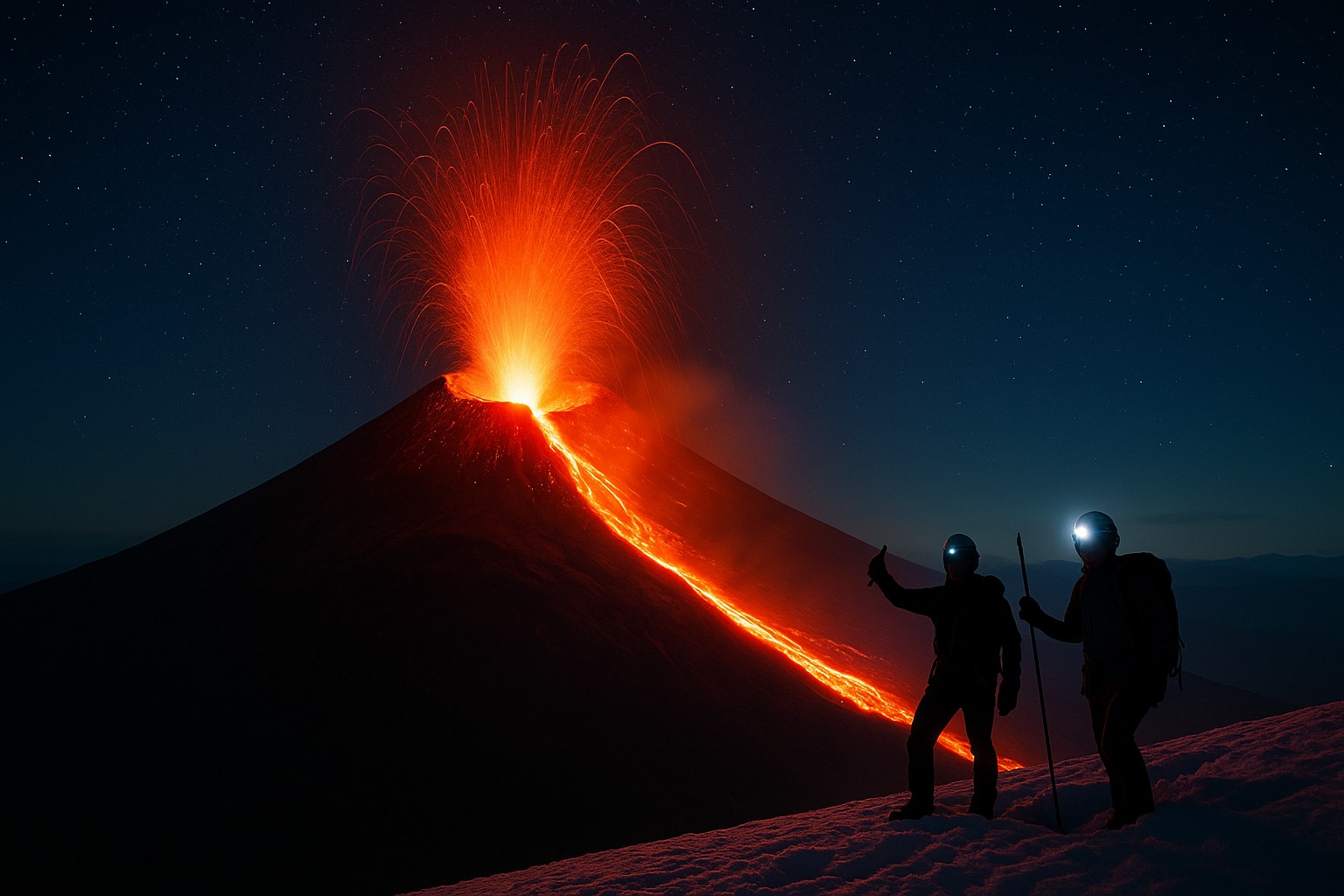 Langzeitbelichtung zeigt den nächtlichen Ausbruch des Vulkans Villarrica: Ein glühender Lavastrom fließt den Hang hinab, während Funken hoch in den Sternenhimmel steigen; zwei Bergsteiger mit Stirnlampen stehen als Silhouetten auf einem schneebedeckten Grat im Vordergrund.
