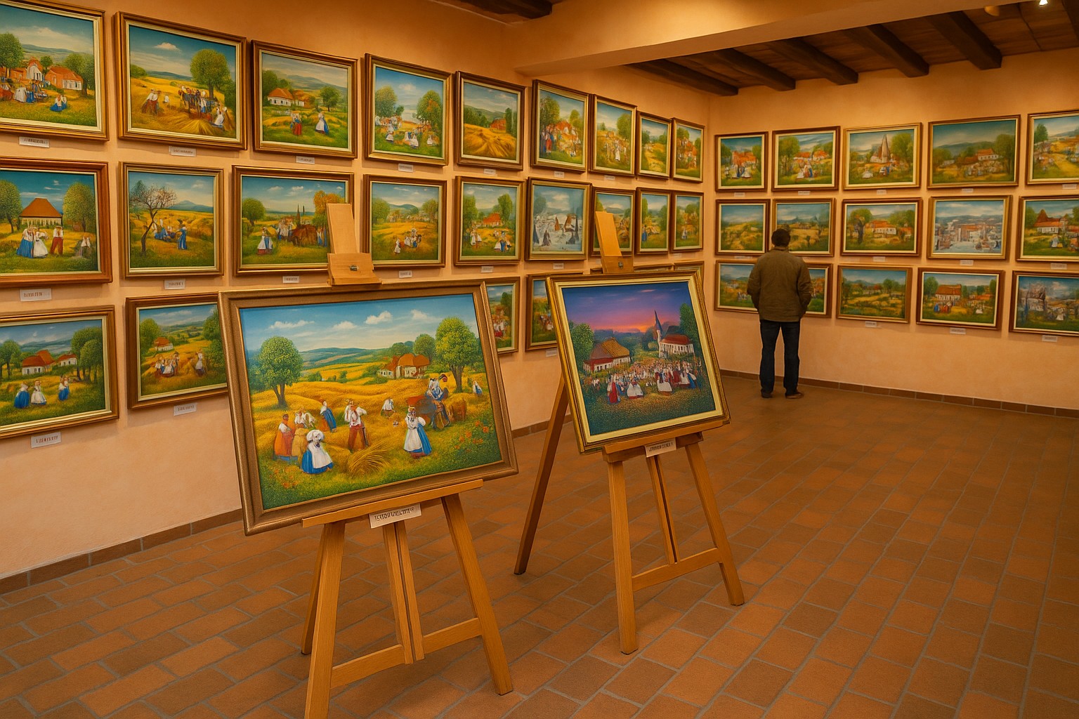 Eine hochauflösende Fotografie zeigt eine sonnendurchflutete Kunstgalerie, in der naive Gemälde mit leuchtenden Farben die Wände bedecken, ergänzt durch zwei Staffeleien im Vordergrund.
