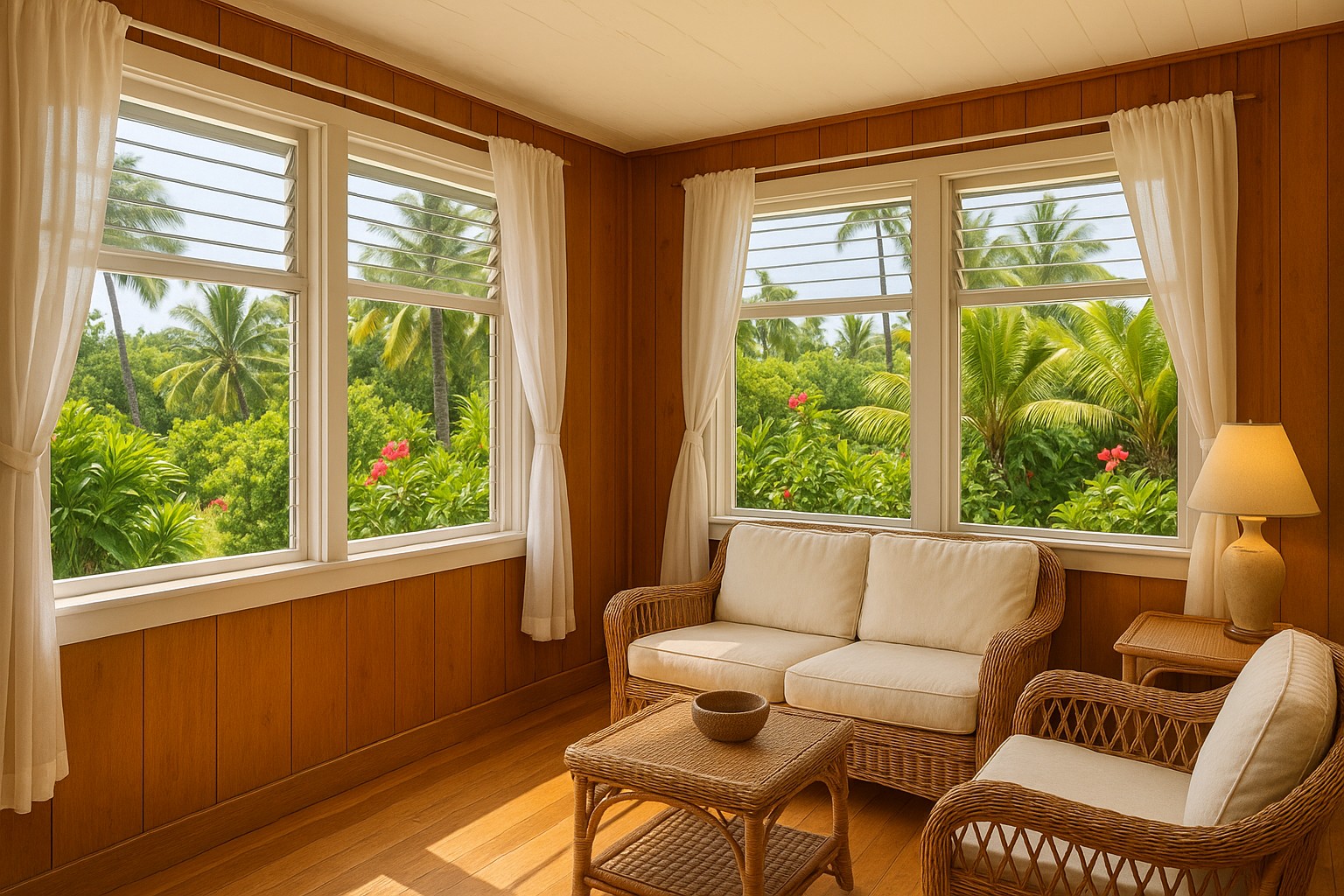 Ein sonnendurchflutetes Wohnzimmer in einem traditionellen hawaiianischen Holzhaus: Durch weit geöffnete Lamellenfenster wehen weiße Vorhänge, während draußen Palmen und Hibiskusblüten leuchten; auf dem Holzboden stehen ein Rattan-Sofa und ein passender Couchtisch – keine Klimaanlage ist zu sehen.
