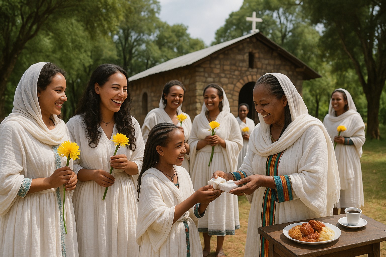 Äthiopische Frauen und Mädchen in traditioneller weißer Kleidung feiern Enkutatash mit gelben Adey-Abeba-Blumen und Geschenken vor einer Kirche im Grünen.
