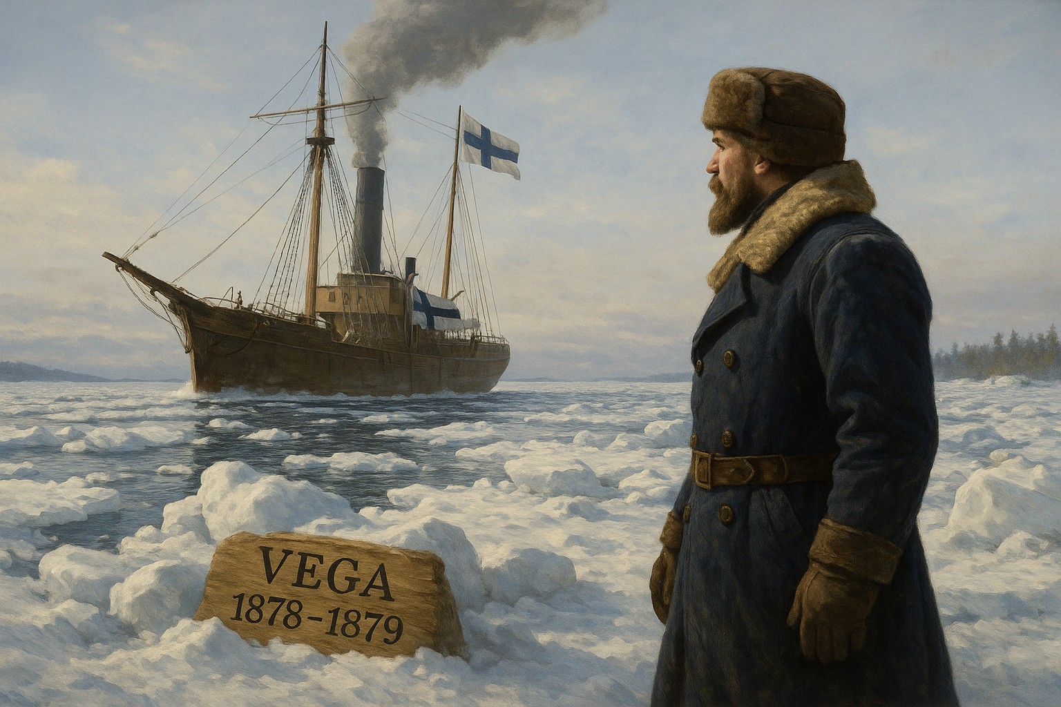 Historische Szene: Der finnische Entdecker Adolf Erik Nordenskiöld steht in dicker Polarkleidung auf dem arktischen Eis, während das Expeditionsschiff Vega mit finnischer Flagge 1878/79 die vereiste Nordostpassage durchquert. Auf einer Scholle ist „VEGA 1878–1879“ zu lesen, umgeben von eisiger Polarlanschaft.
