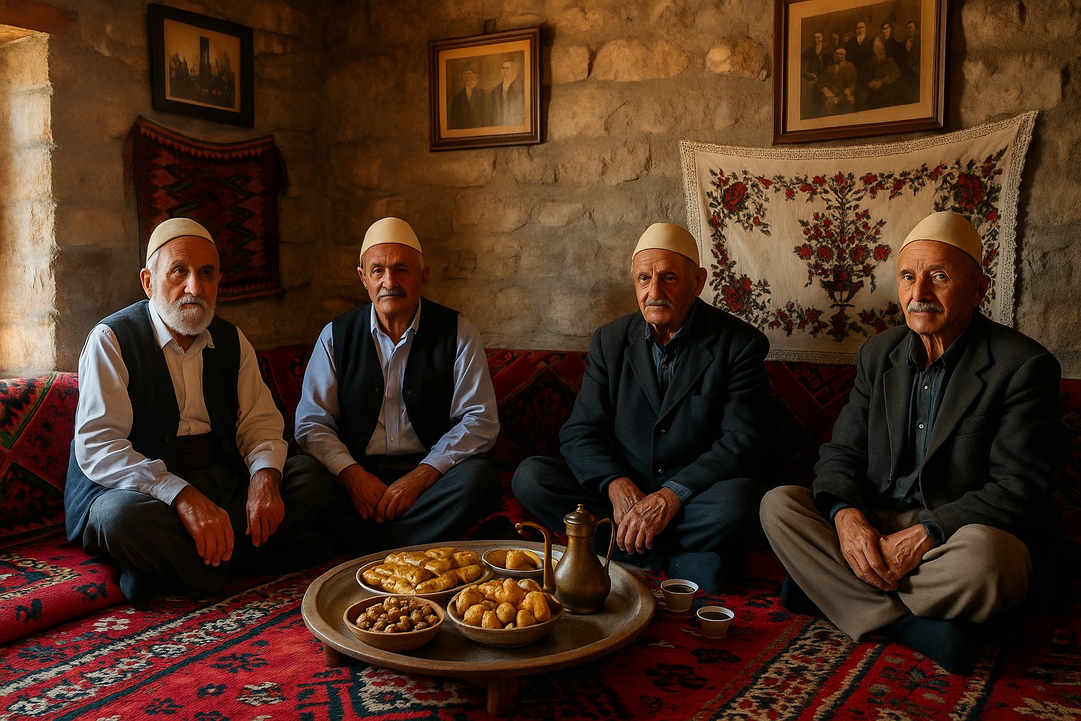 Vier ältere albanische Männer mit traditionellen Westen sitzen auf Teppichen in einer rustikalen Oda-Stube mit niedrigen Holztischen, Kaffee und Gebäck – ein Moment der Gastfreundschaft.
