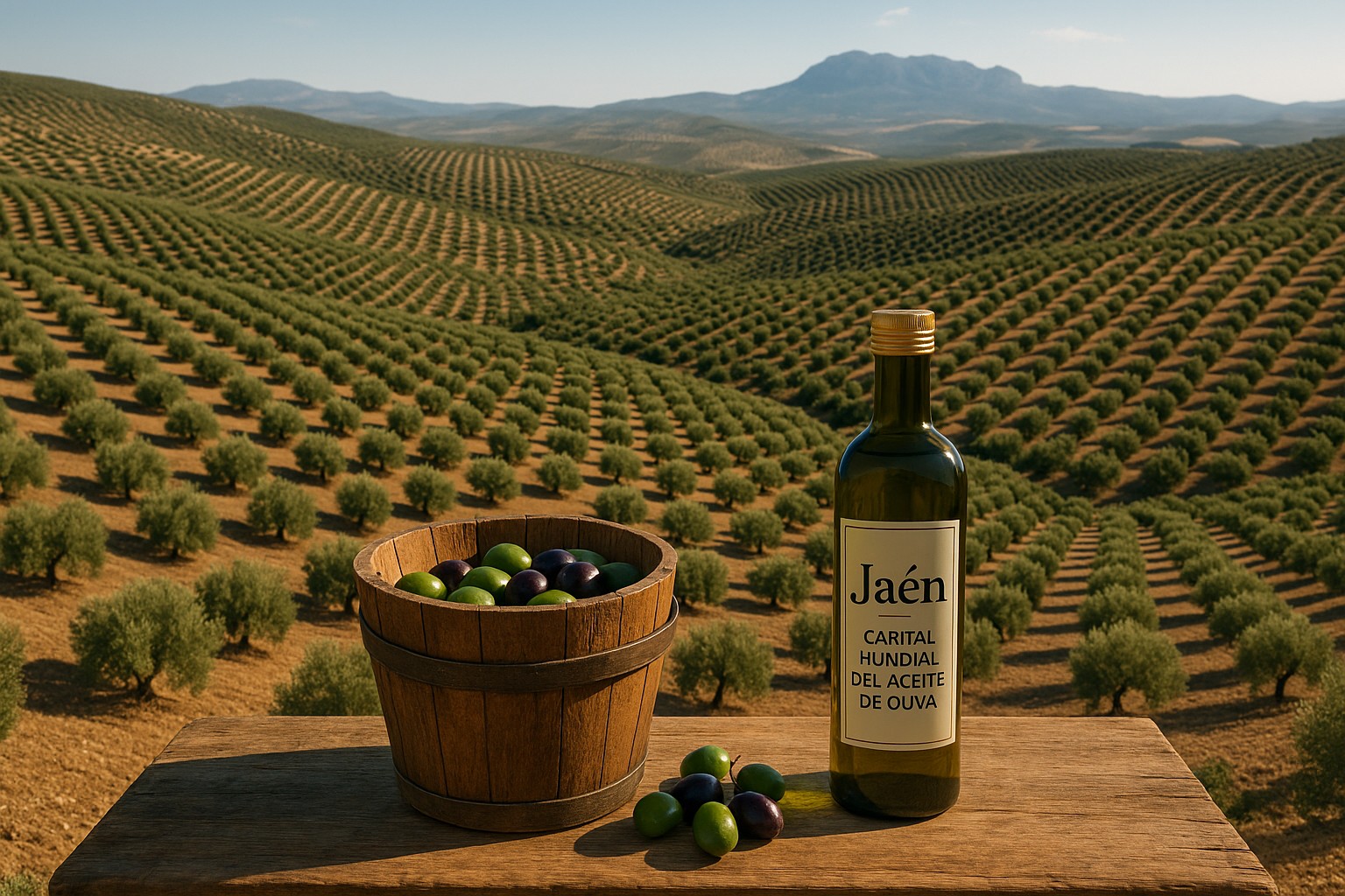 Eine hochauflösende Fotografie zeigt einen endlosen Olivenhain in der andalusischen Region Jaén. Im Vordergrund stehen ein rustikaler Holzeimer mit frischen Oliven und eine Flasche Olivenöl mit der Aufschrift „Jaén – Capital Mundial del Aceite de Oliva“. Der Hintergrund zeigt sanfte Hügel mit symmetrisch gepflanzten Olivenbäumen unter einem klaren blauen Himmel. 