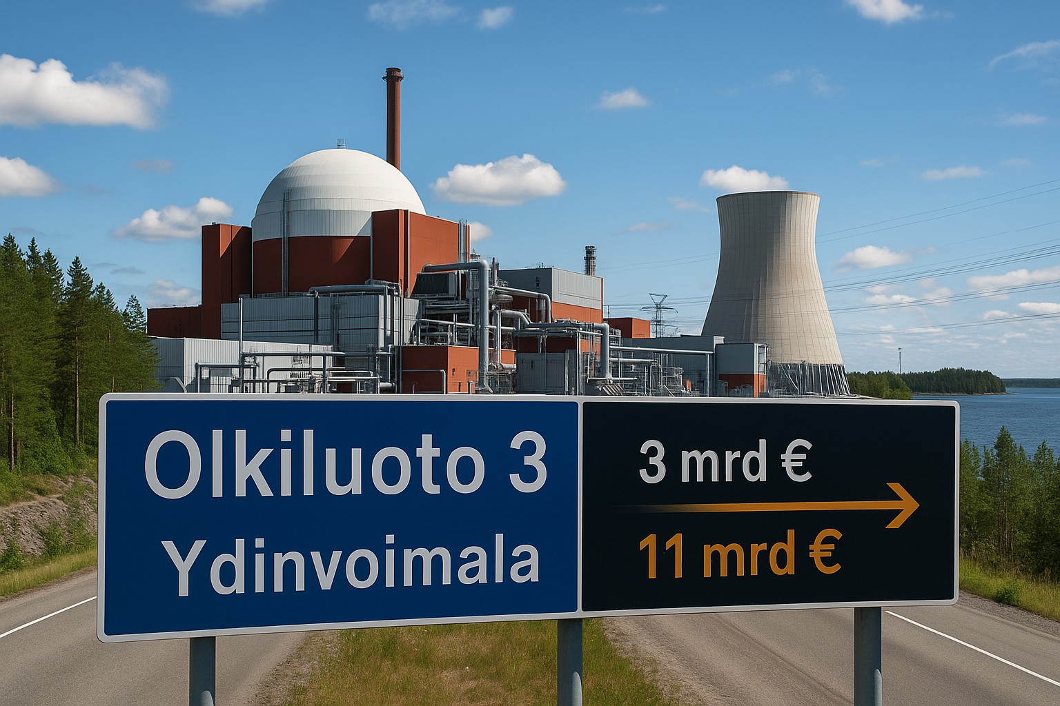 Das finnische Atomkraftwerk Olkiluoto 3 bei Tageslicht: Im Vordergrund ein großes blaues Schild mit „Olkiluoto 3 – Ydinvoimala“. Daneben eine Anzeige, die die Kostensteigerung von „3 mrd €“ auf „11 mrd €“ zeigt. Im Hintergrund der Reaktor mit weißer Kuppel, Industrieanlagen, Kühlanlage und Naturkulisse mit Wald und Meer.
