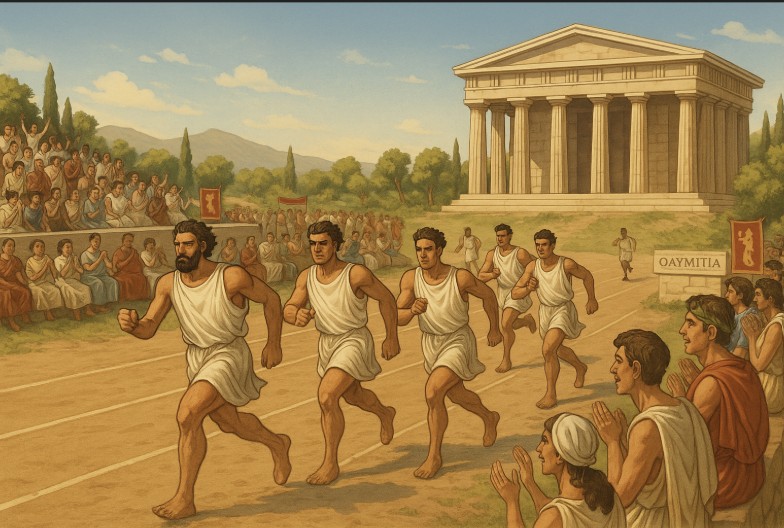 Historische Darstellung der antiken Olympischen Spiele in Olympia mit Athleten im Wettlauf und dem Zeus-Tempel im Hintergrund.
