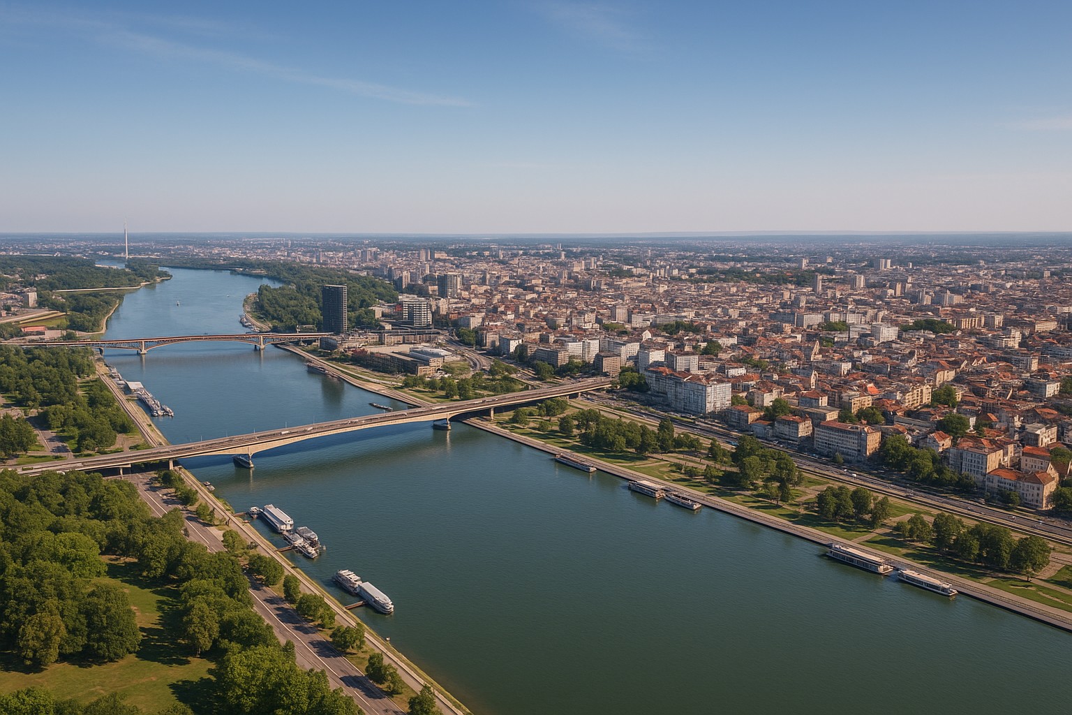 Luftaufnahme von Belgrad, die die Mündung der Save in die Donau mit mehreren Brücken, modernen und historischen Gebäuden sowie ausgedehnten Grünflächen unter klarem, sonnigem Himmel zeigt.
