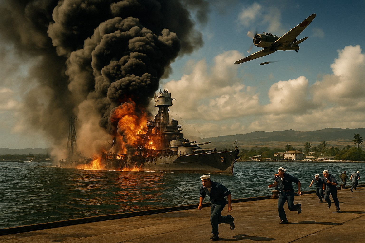 Eine kolorierte historische Fotomontage zeigt den 7. Dezember 1941 im Hafen von Pearl Harbor: Die USS Arizona steht lichterloh in Flammen, eine gewaltige Rauchwolke steigt auf, während ein japanisches Zero‑Flugzeug im Tiefflug einen Torpedo abwirft. Im Vordergrund rennen vier US‑Matrosen in 1940er‑Uniform panisch über den Pier.
