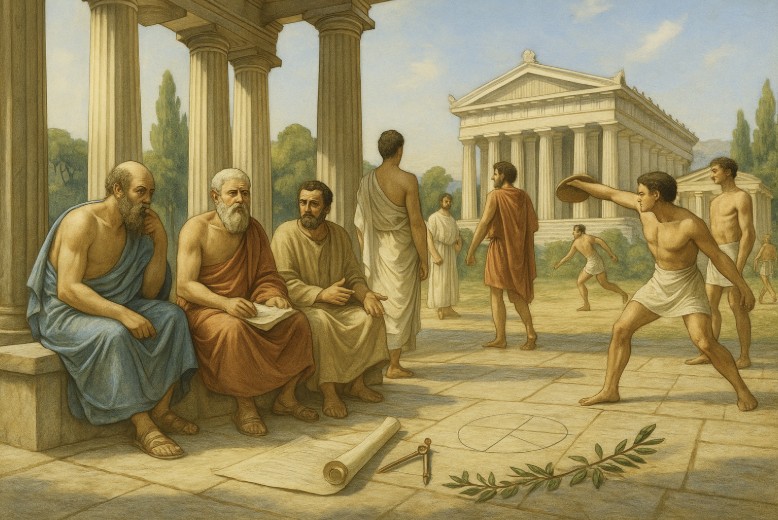 Historische Darstellung einer antiken griechischen Akademie mit Philosophen, Mathematikern und Sportlern vor klassischen Tempeln.
