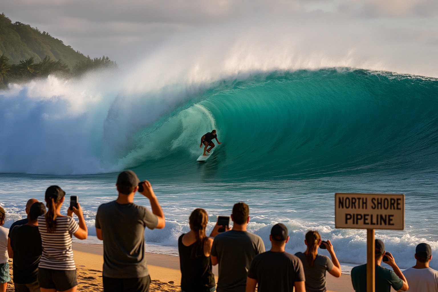Ein Surfer gleitet in perfekter Barrelposition durch eine riesige türkisfarbene Rohrwelle am Pipeline-Strand (North Shore, Oʻahu), während am Sandufer eine Gruppe Zuschauer mit Smartphones das Spektakel festhält; rechts im Vordergrund steht ein Schild „NORTH SHORE PIPELINE“.
