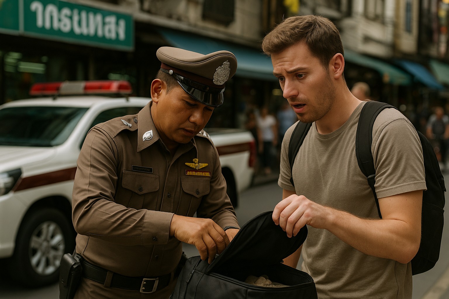 Ein thailändischer Polizist durchsucht konzentriert den Rucksack eines nervös blickenden westlichen Touristen auf einer belebten Straße in Bangkok.
