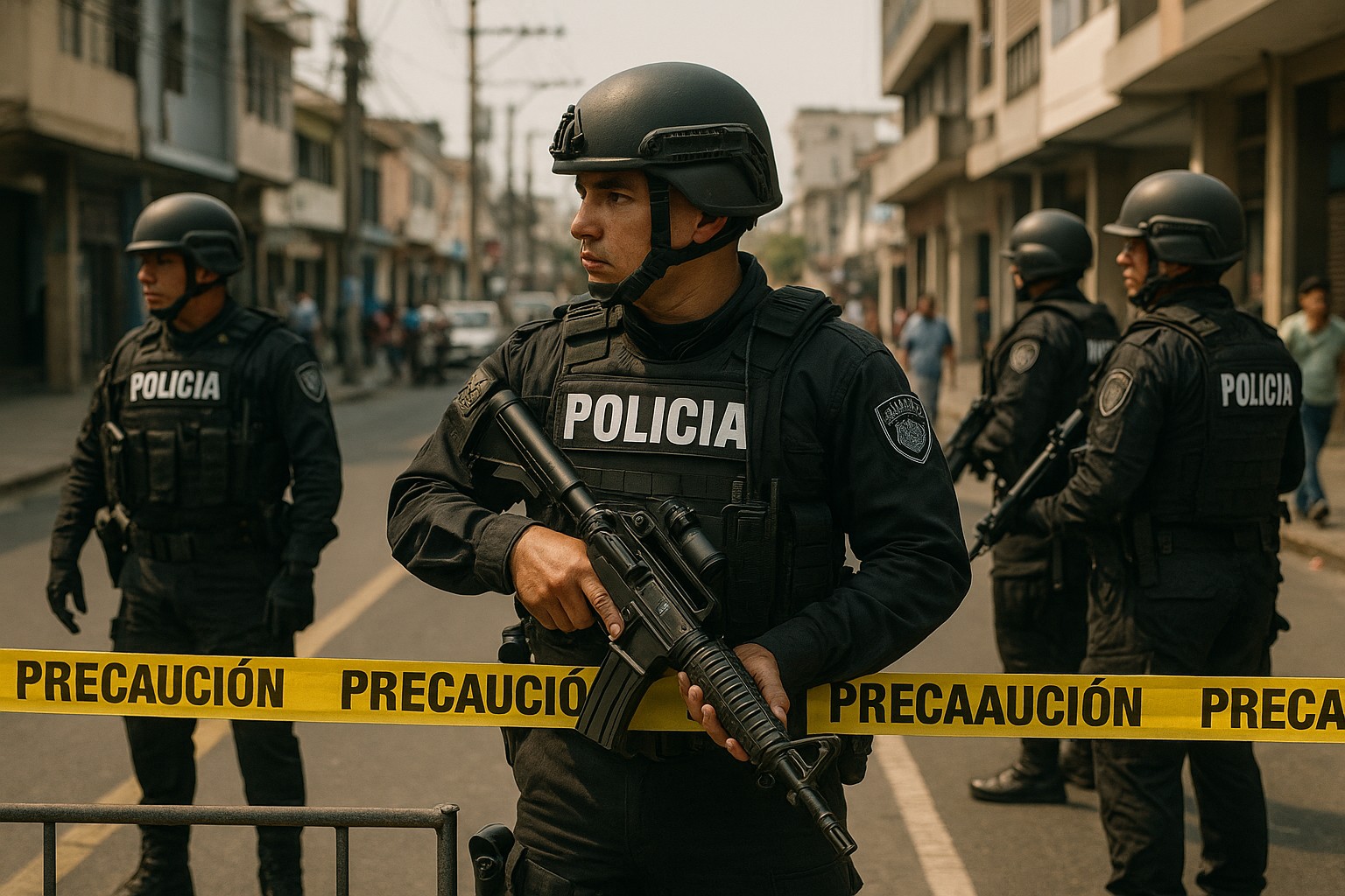 Drei ecuadorianische Polizisten in taktischer Ausrüstung sichern eine Straße in Guayaquil, hinter einem gelben Absperrband mit der Aufschrift "PRECAUCIÓN".
