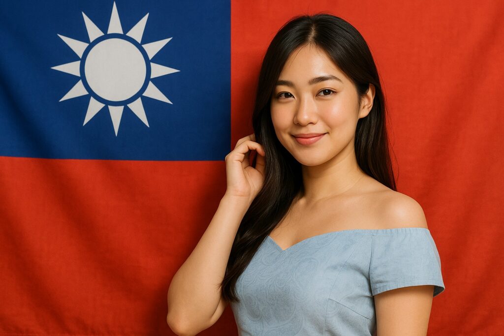 Junge taiwanesische Frau vor der Nationalflagge Taiwans mit freundlichem Lächeln