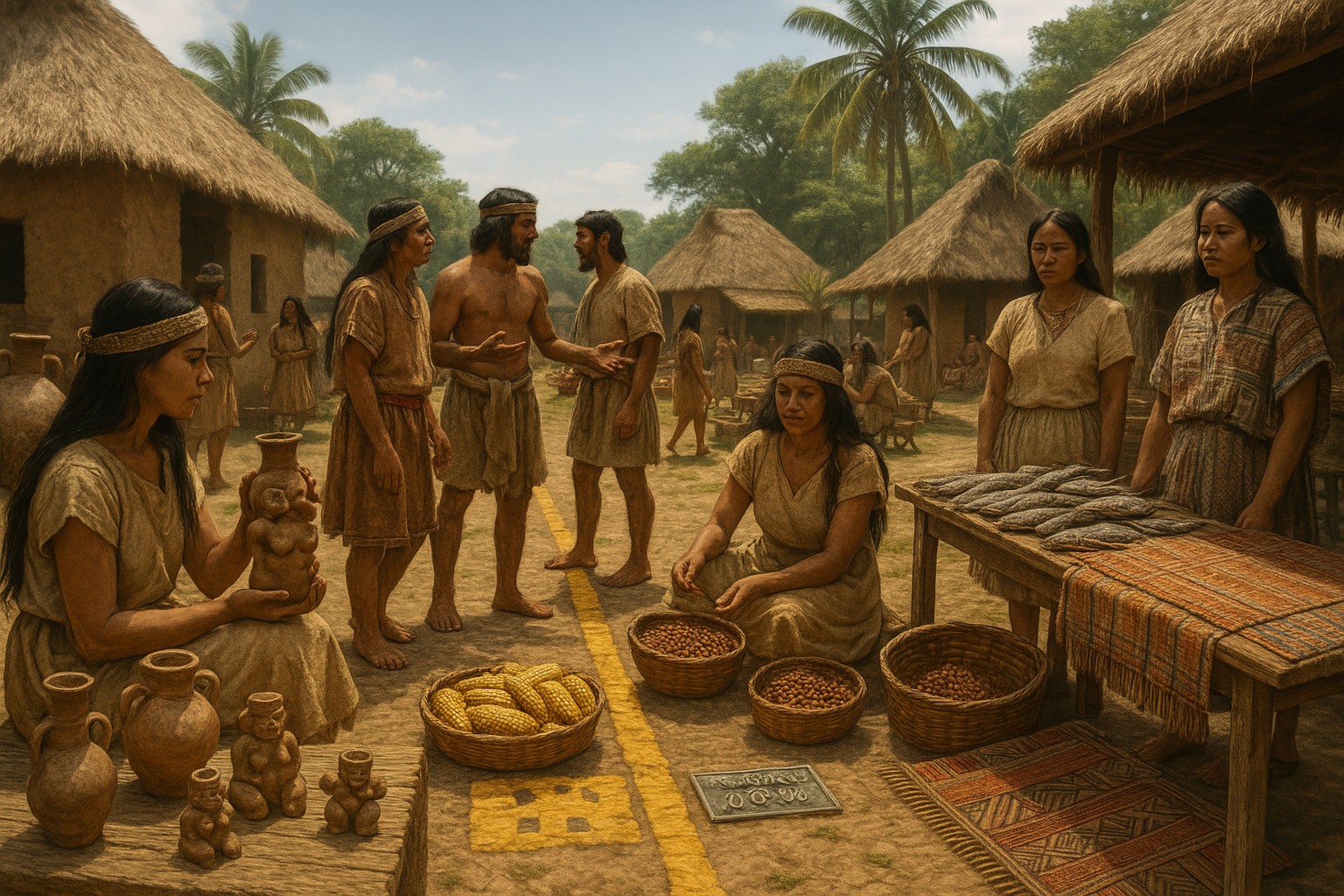 Eine fotorealistische digitale Rekonstruktion zeigt einen belebten Markt in einem präkolumbianischen Dorf in Ecuador. Männer und Frauen indigener Herkunft handeln mit Töpferwaren, Mais, Bohnen und Fischprodukten zwischen strohgedeckten Hütten und Palmen unter einem sonnigen Himmel.
