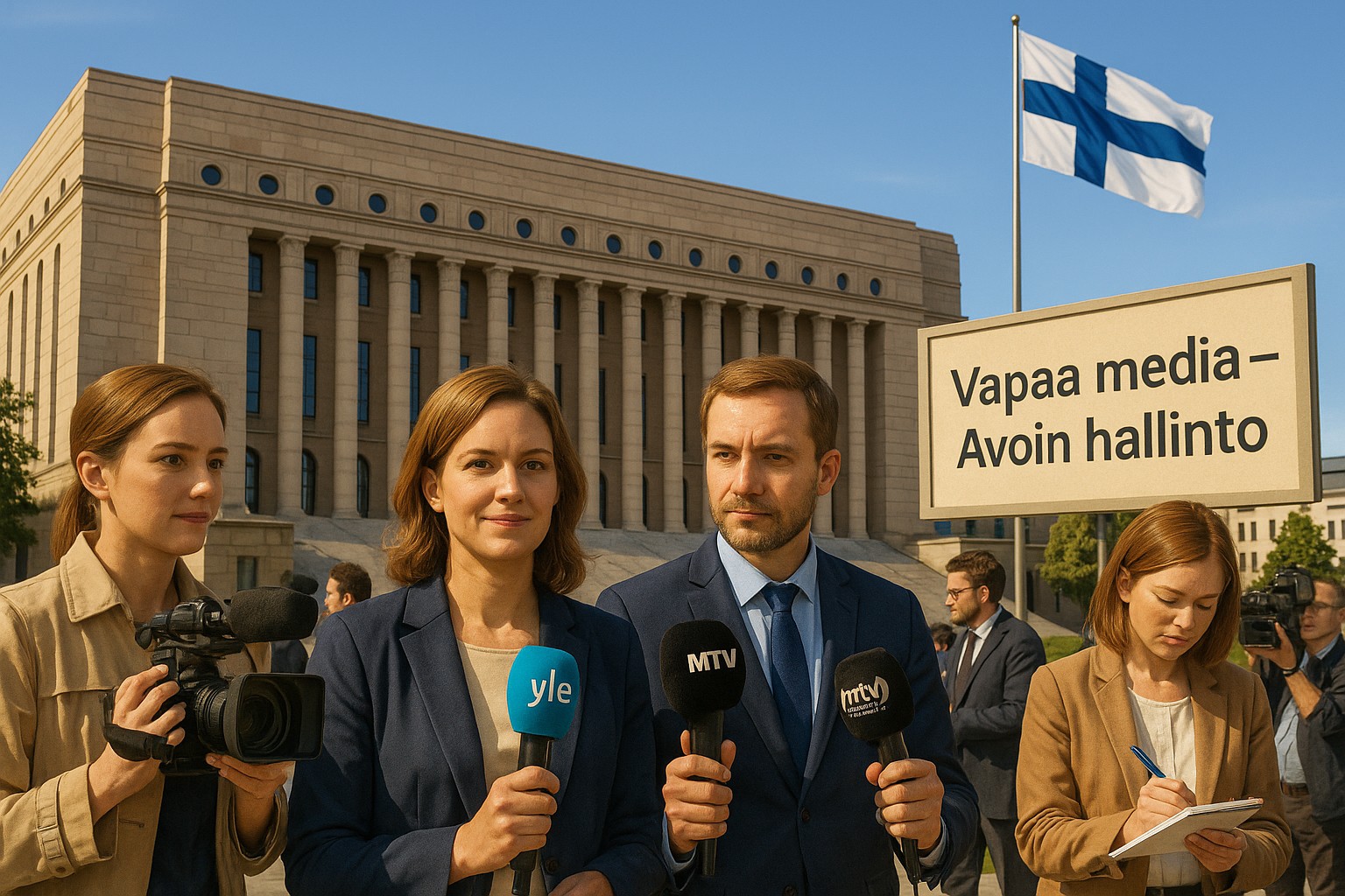 Journalisten vor dem finnischen Parlament mit Mikrofonen finnischer Medien und dem Schild „Vapaa media – Avoin hallinto“ sowie der finnischen Flagge.
