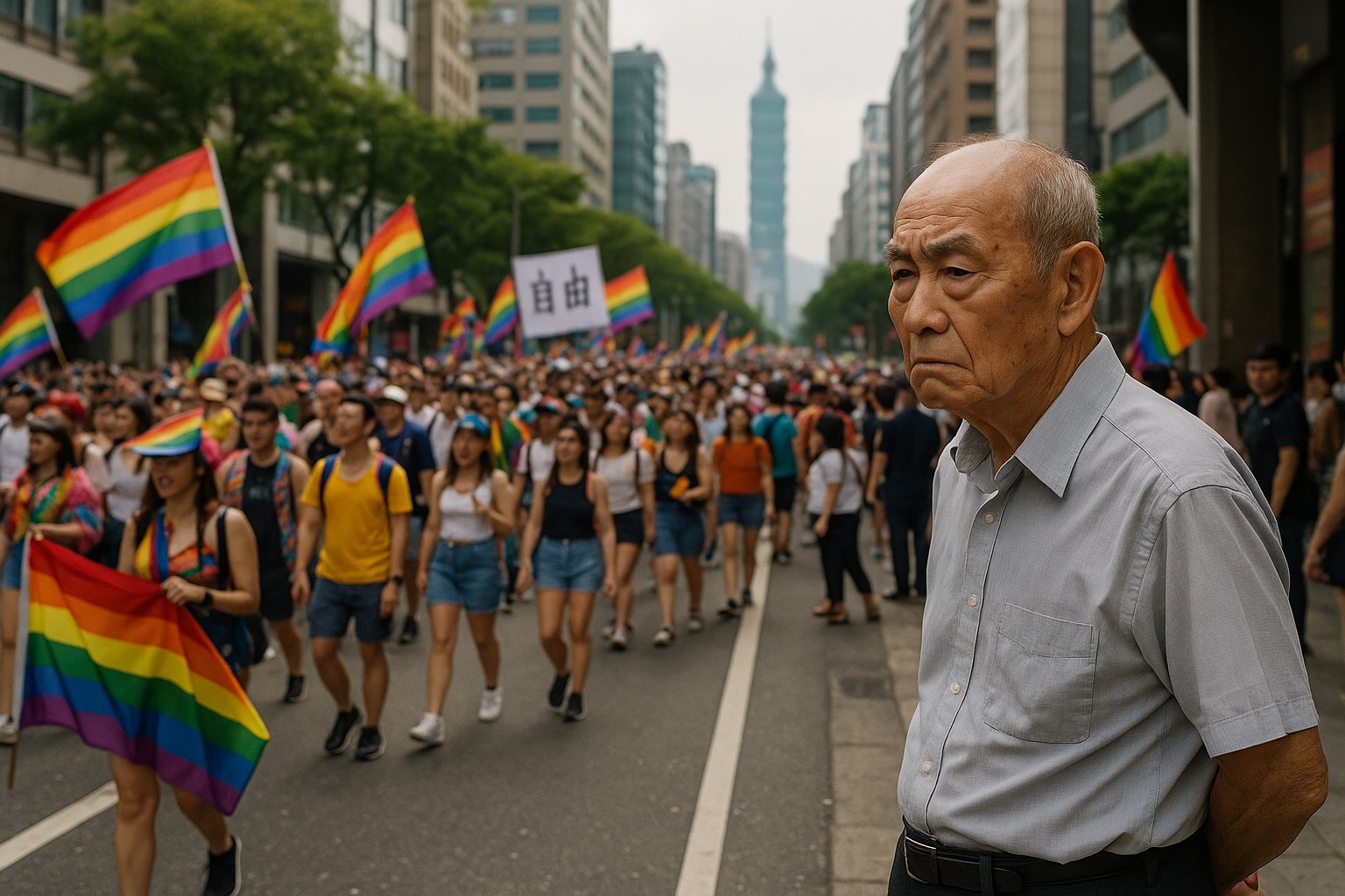 Ein älterer taiwanischer Mann steht am Straßenrand mit ernster Miene, während im Hintergrund eine bunte Pride-Parade mit Regenbogenfahnen durch Taipeh zieht.
