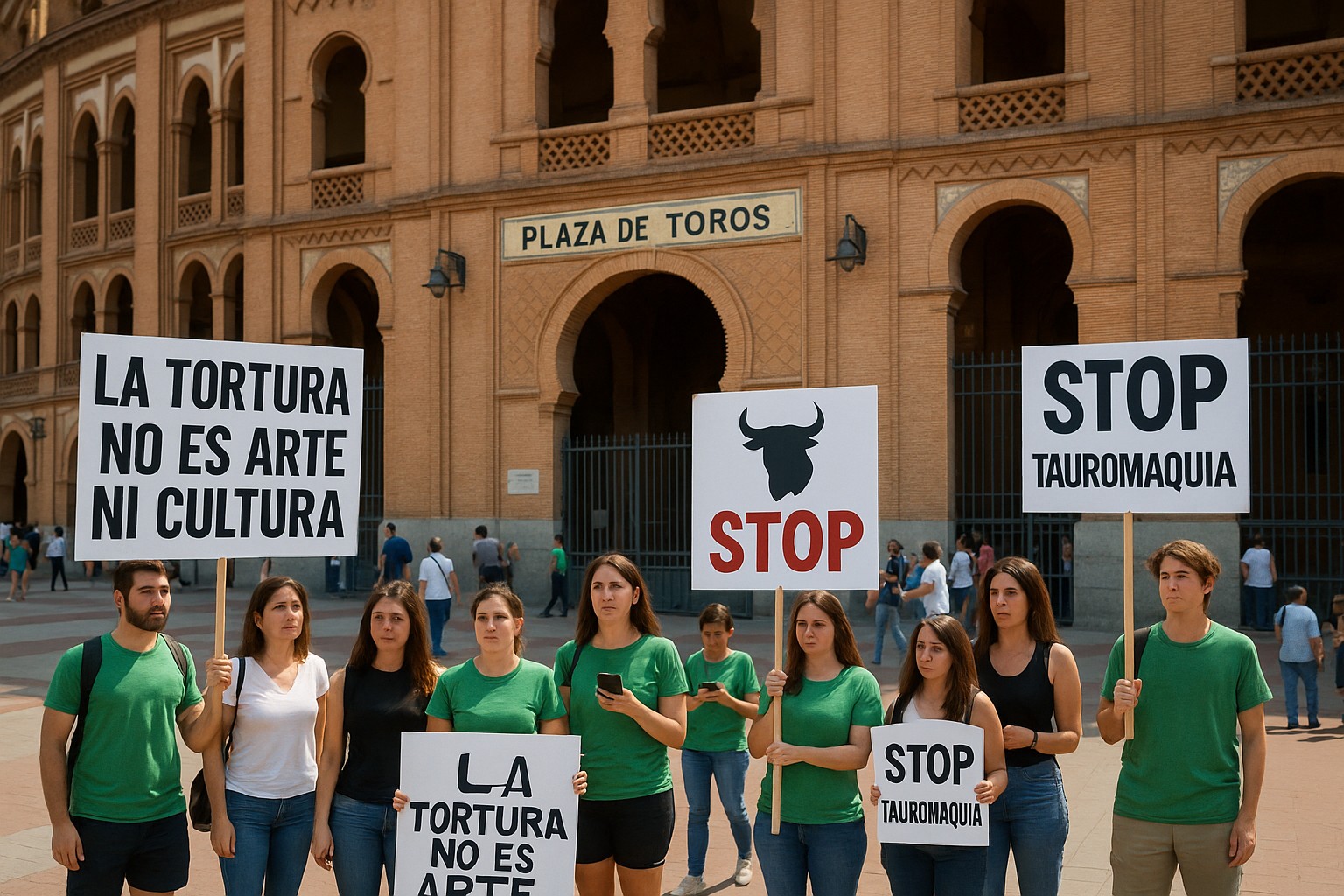  Eine friedliche Demonstration junger Menschen vor der Stierkampfarena Plaza de Toros in Madrid. Sie halten spanische Schilder mit Botschaften wie „La tortura no es arte ni cultura“ und „Stop tauromaquia“. 