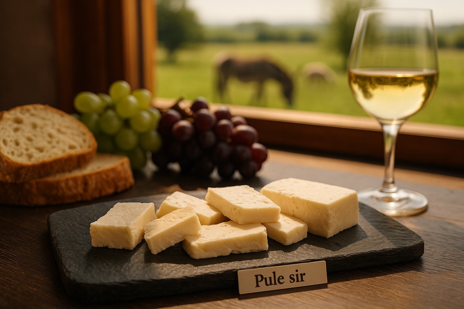 Eine hochwertige Aufnahme zeigt eine Auswahl von Pule-Käse auf einer schwarzen Schieferplatte, begleitet von Trauben, Brot und einem Glas Weißwein, mit einem Esel und einer Ziege, die auf einer grünen Weide vor dem Fenster grasen.
