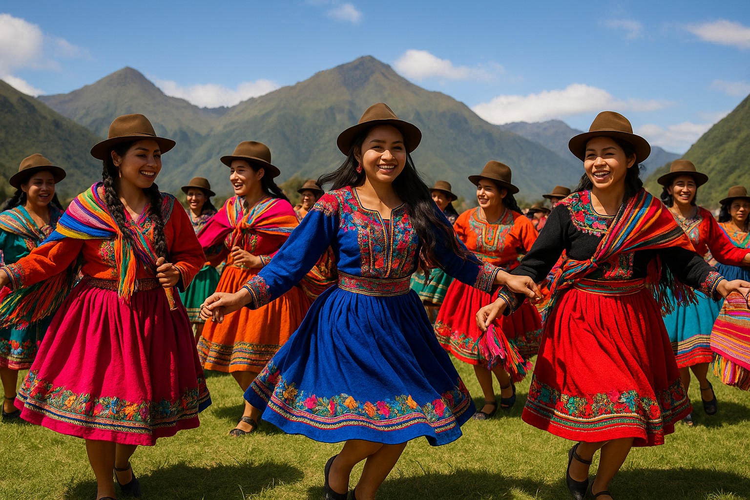 Eine Gruppe von Quechua-Frauen tanzt fröhlich in traditioneller Kleidung während des Inti-Raymi-Festes vor der Kulisse der Anden.
