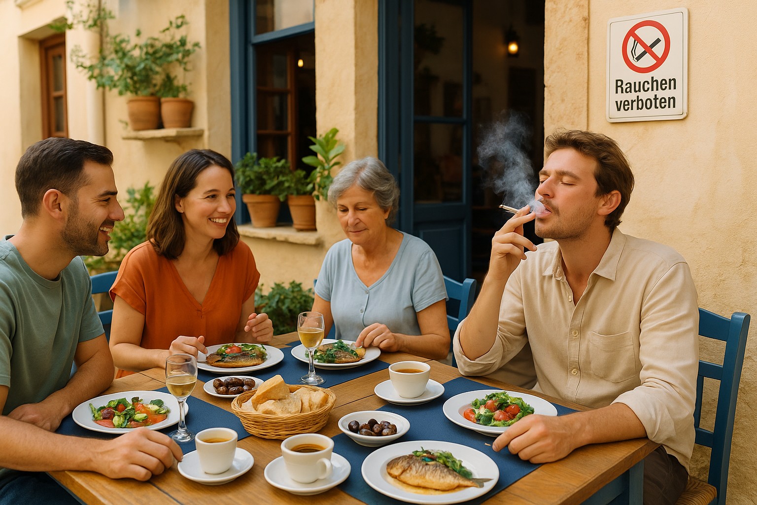 Griechische Familie sitzt im Straßencafé mit mediterranem Essen, während ein Mann trotz Rauchverbot eine Zigarette raucht.
