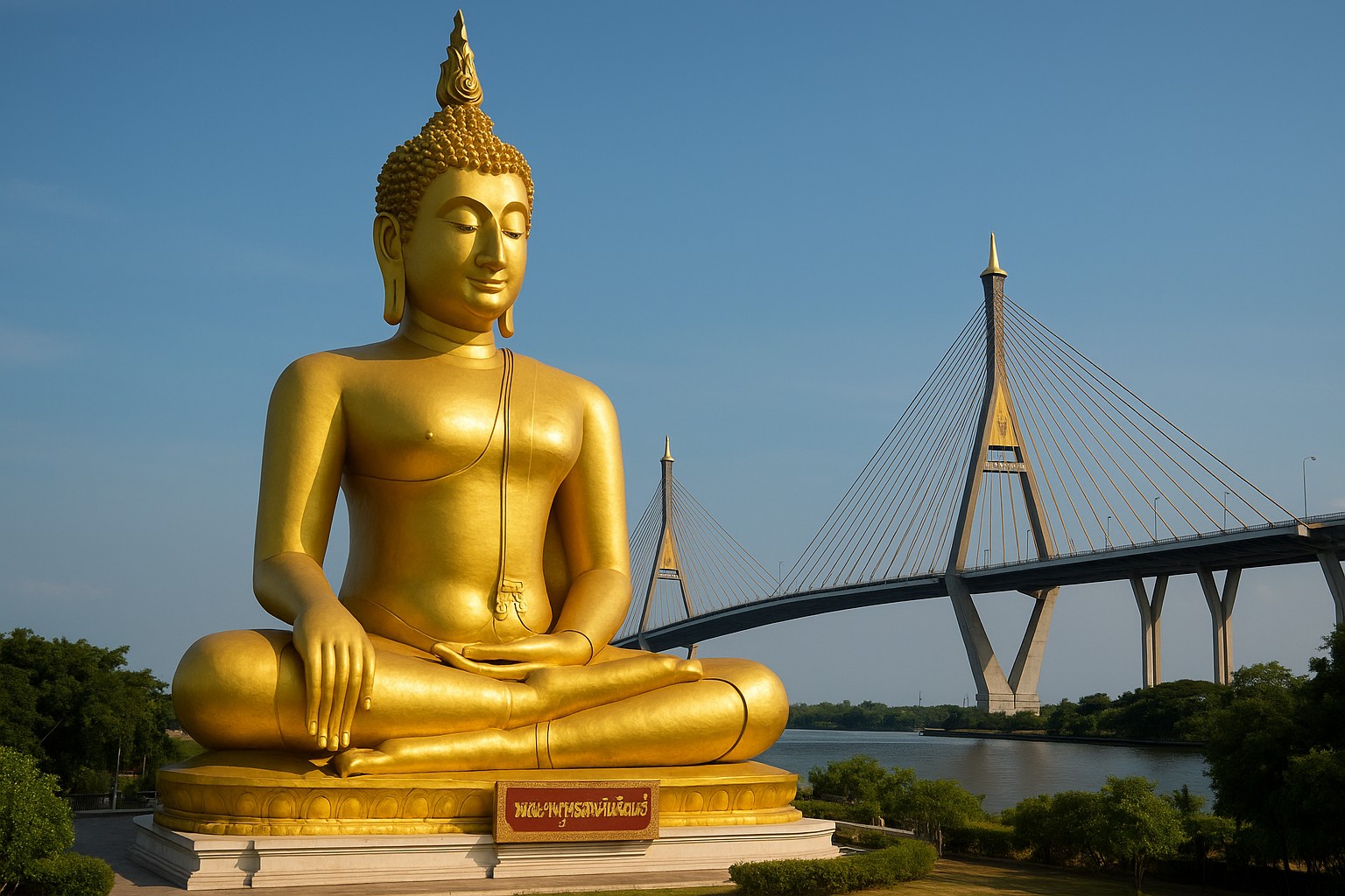 Eine monumentale goldene Buddha-Statue sitzt im Lotussitz unter freiem Himmel, mit dem eleganten Bhumibol-Brücke im Hintergrund und klarem Himmel darüber.
