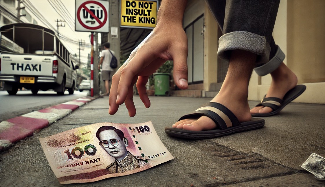 Ein Mann beugt sich auf einem Gehweg in Thailand, um einen 100-Baht-Schein mit dem Bild des Königs aufzuheben, während im Hintergrund ein Schild mit der Aufschrift „Do not insult the King“ zu sehen ist.
